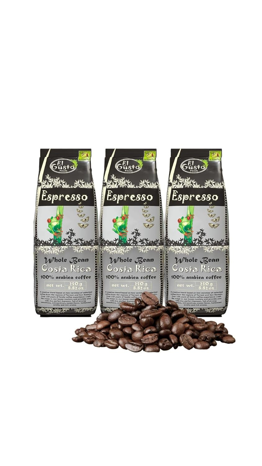 El Gusto Espresso Kaffee aus ganzen Bohnen aus Costa Rica, dunkel geröstet, kreativ Mischung, 100% Arabica, frischer Gourmet-Kaffee 3er Pack