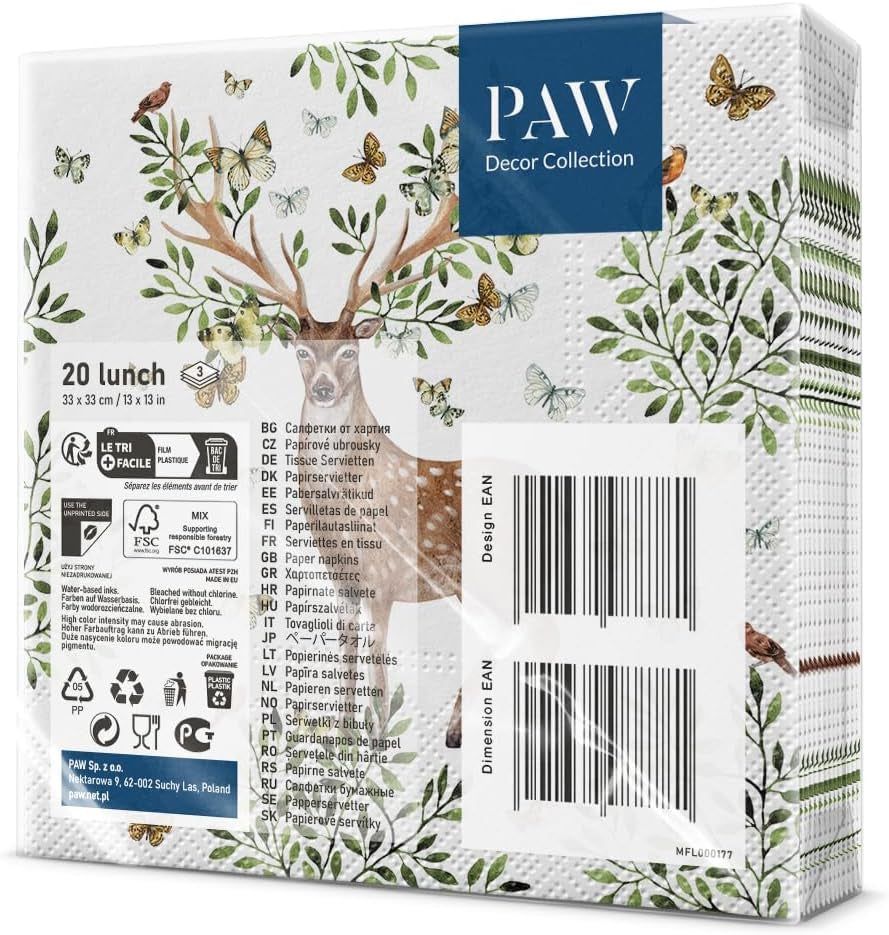 PAW - 3-lags servietter (33 X 33 Cm) I 20 stykker I Perfekt til børns fødselsdage, fester, nadver og helligdage I Farverigt festmotiv papirservietter I Dyr, glæde, fest - gevirer