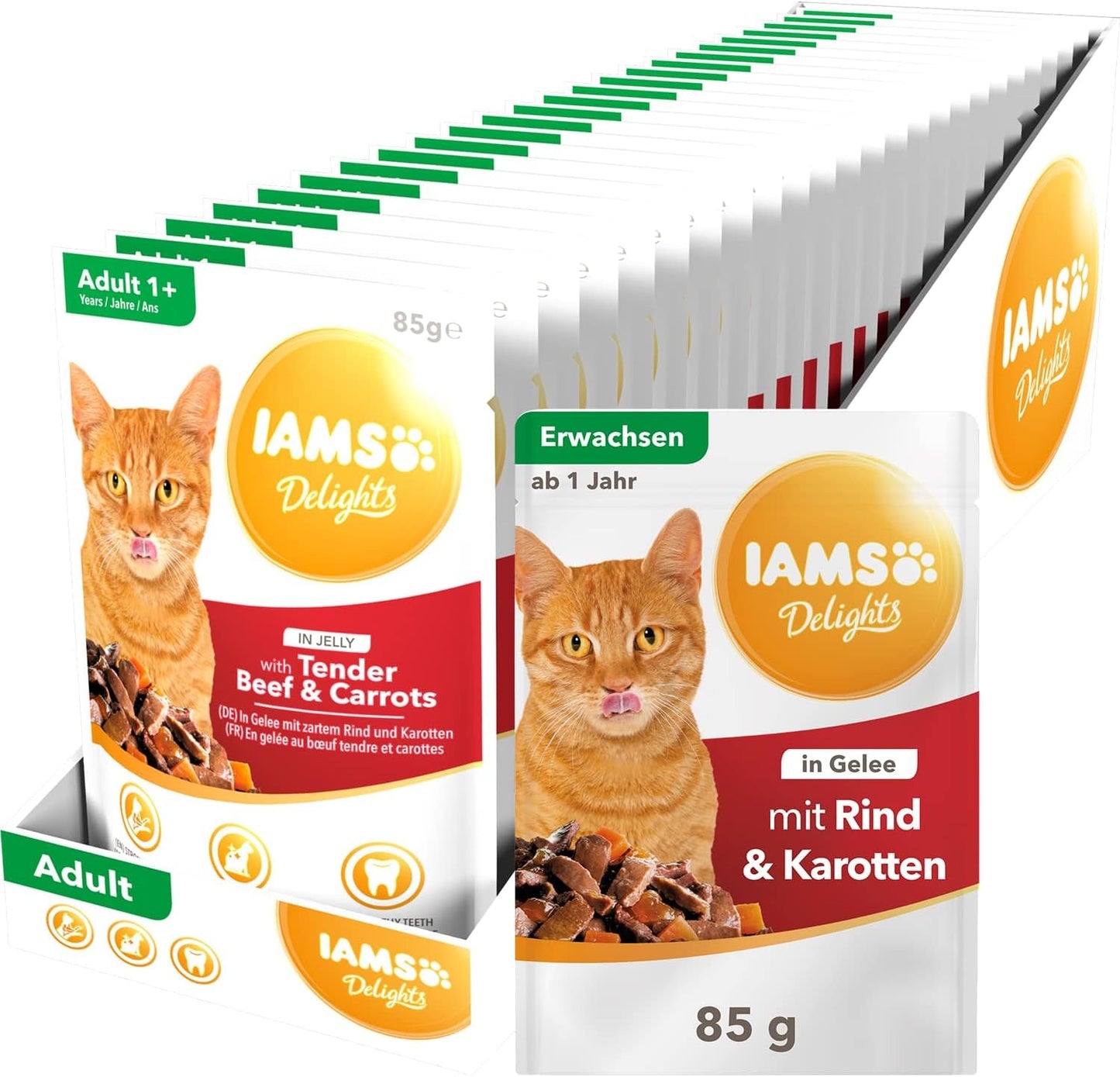 IAMS Delights våd kattefoder med saftigt oksekød og gelégulerødder - komplet vådfoder til voksne katte, 24 poser x 85 g