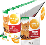 IAMS Delights våd kattefoder med saftigt oksekød og gelégulerødder - komplet vådfoder til voksne katte, 24 poser x 85 g
