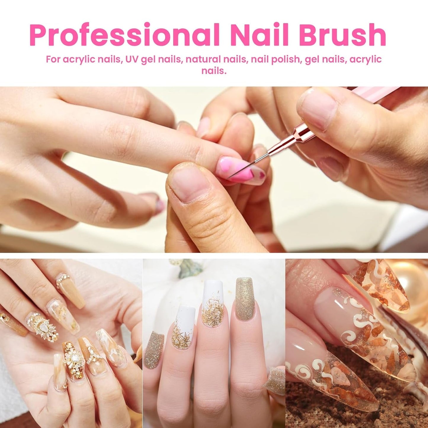 6 Stück Liner Nailart Pinsel Nageldesign Pinsel Sæt Dünn Acryl Nagelpunkt-Zeichenwerkzeug Nägel Dünne Nagelpinsel Sæt Für Lange Linien, Dünne Details, Feines Zichnen 5/7/9/11/15/25 Mm（Rosa）