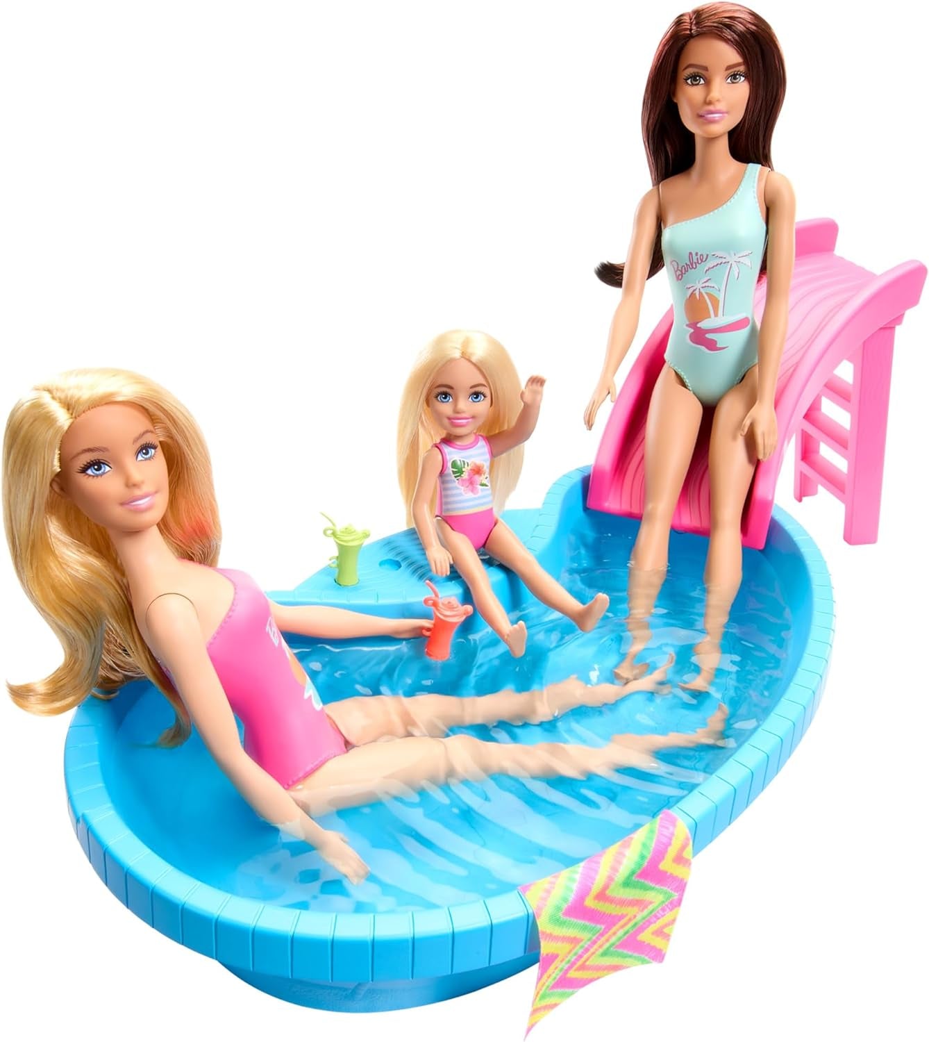 Barbie dukke og tilbehør - pool med rutsjebane og tilbehør til timevis af sjov i solen, pink badedragt med tropisk design, til børn fra 3 år, HRJ74 Naty Shop Dukkehuse