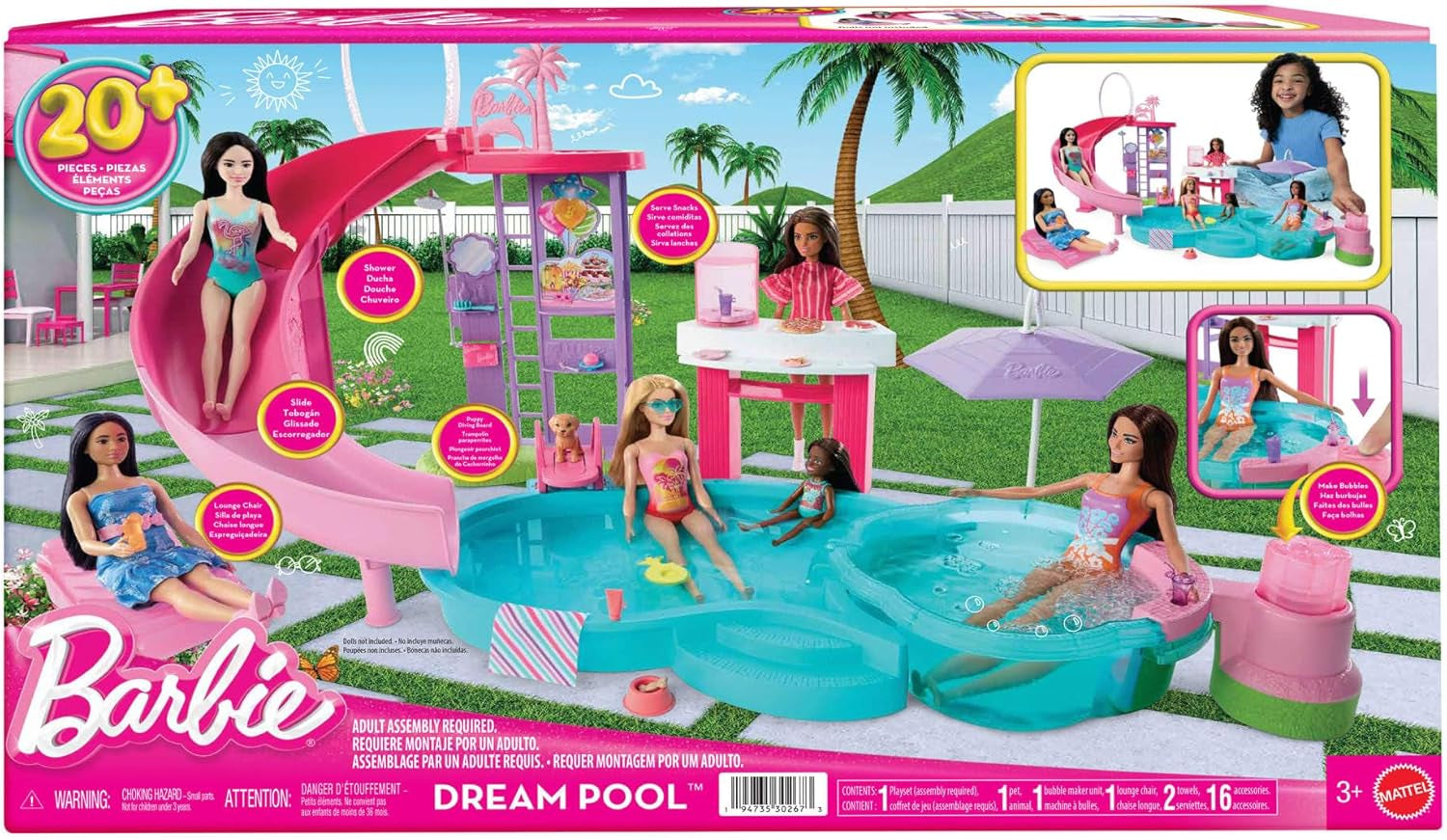 Barbie Dream Pool Legesæt med seks legeområder, inklusive en rutsjebane og jacuzzi, plus over 20 tilbehør såsom et kæledyr, svømmeringe og mere, JKG83