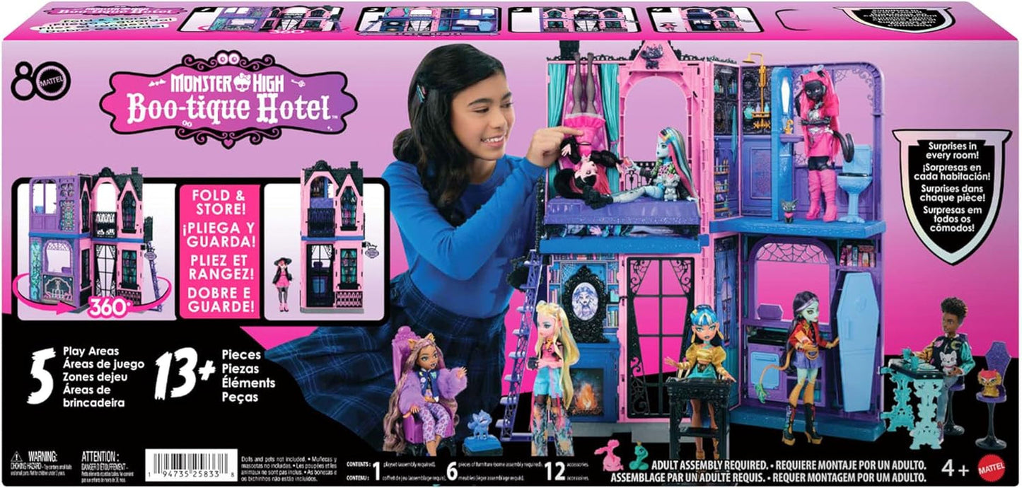 Monster High Buh-tique Hotel Dukkehus, sammenfoldeligt legesæt med skræmmende overraskelser i hvert værelse og 13+ legesæt, inklusive møbler og tilbehør, JBF16