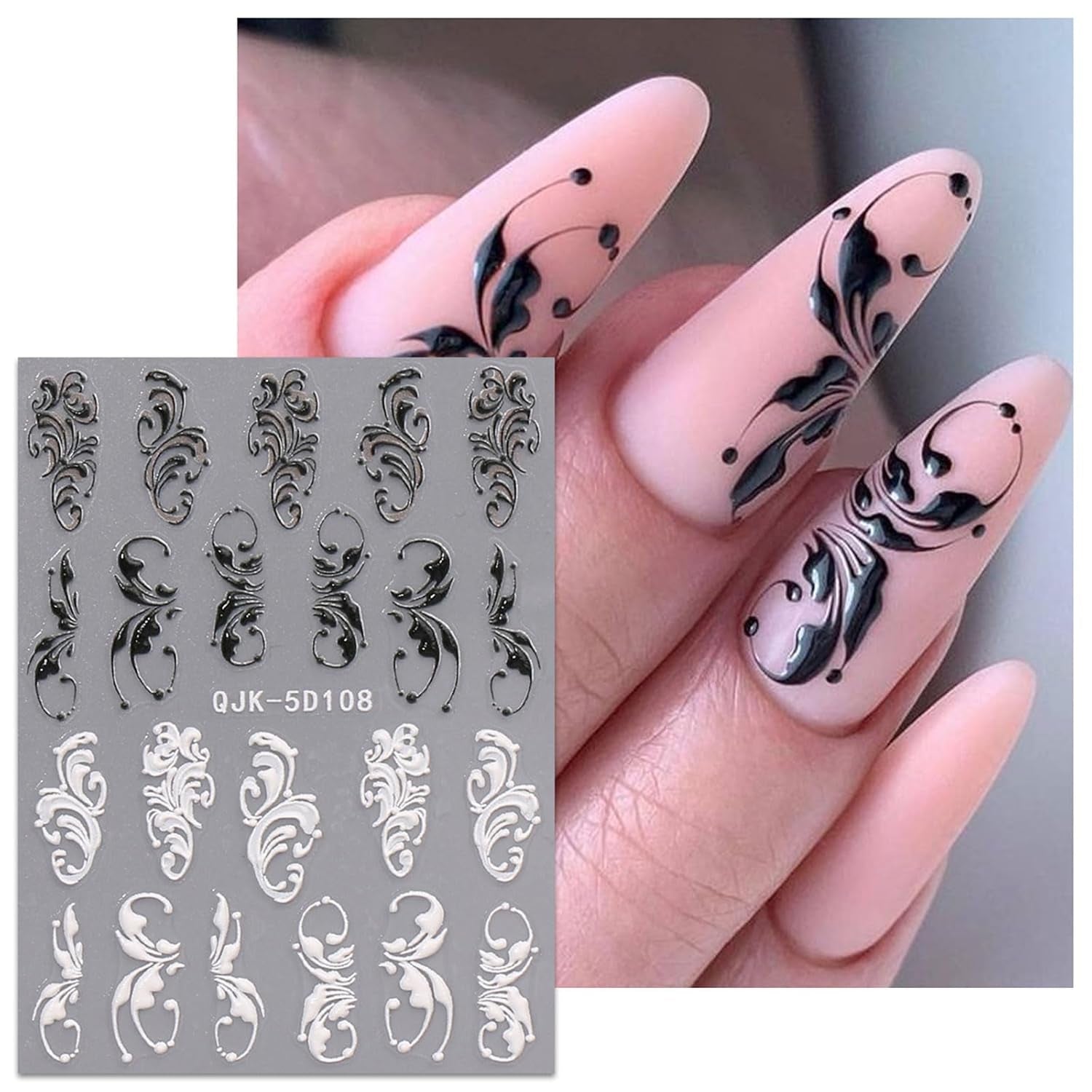 JMEOWIO 3D Nagelsticker Schwarz Weiß Blume Nail Art Sticker Selbstklebend Nagelaufkleber 5D Stereoskopisk Blumen Dekoration Nageldesign Zubehör 4 Blatt