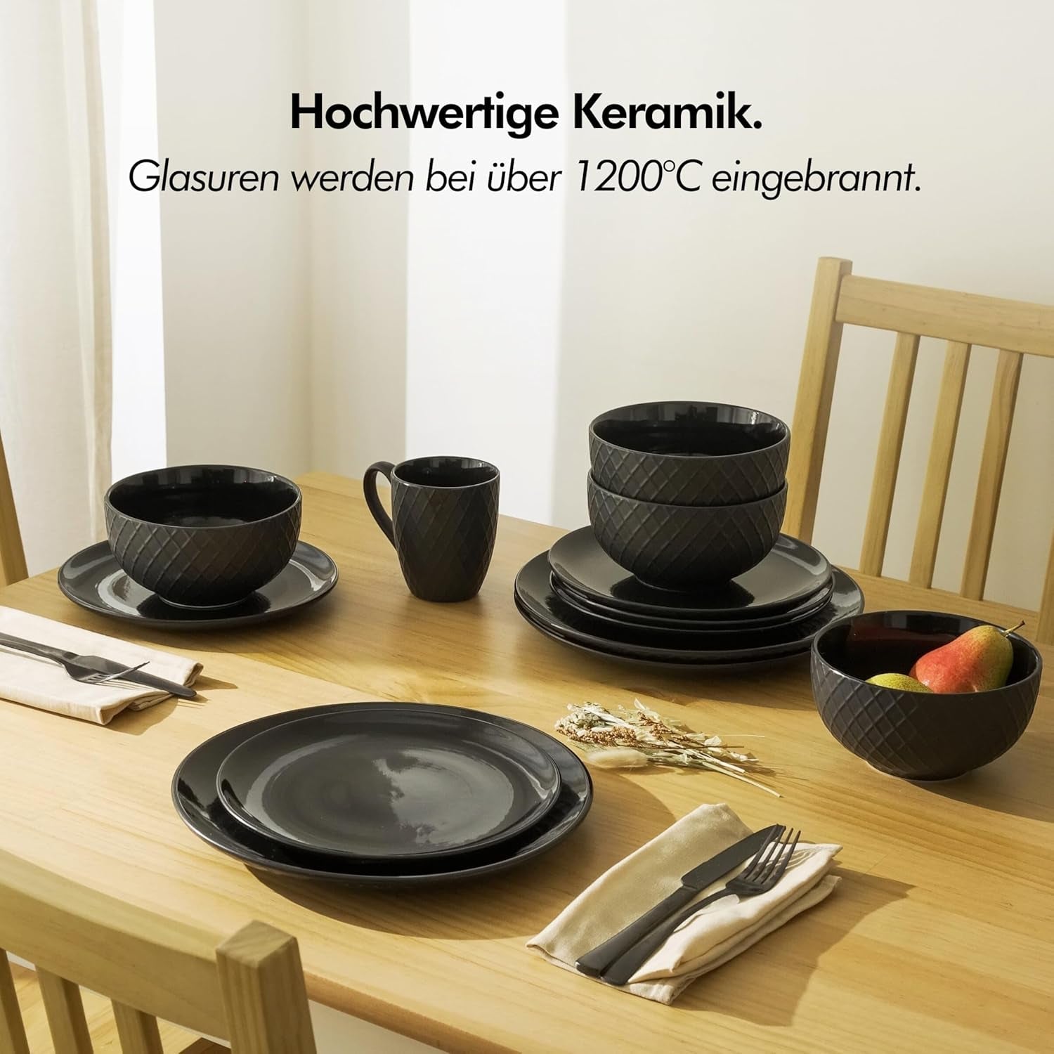 KIVY Geschirrset 6 Personen[Kratz & Spülmaschinenfest] 6x27cm + 6x22cm - Tellersæt 12-teilig moderne - Geschirr Sæt - Kombiservice - Geschirrset - Tellersæt Schwarz - Teller Schwarz Matt