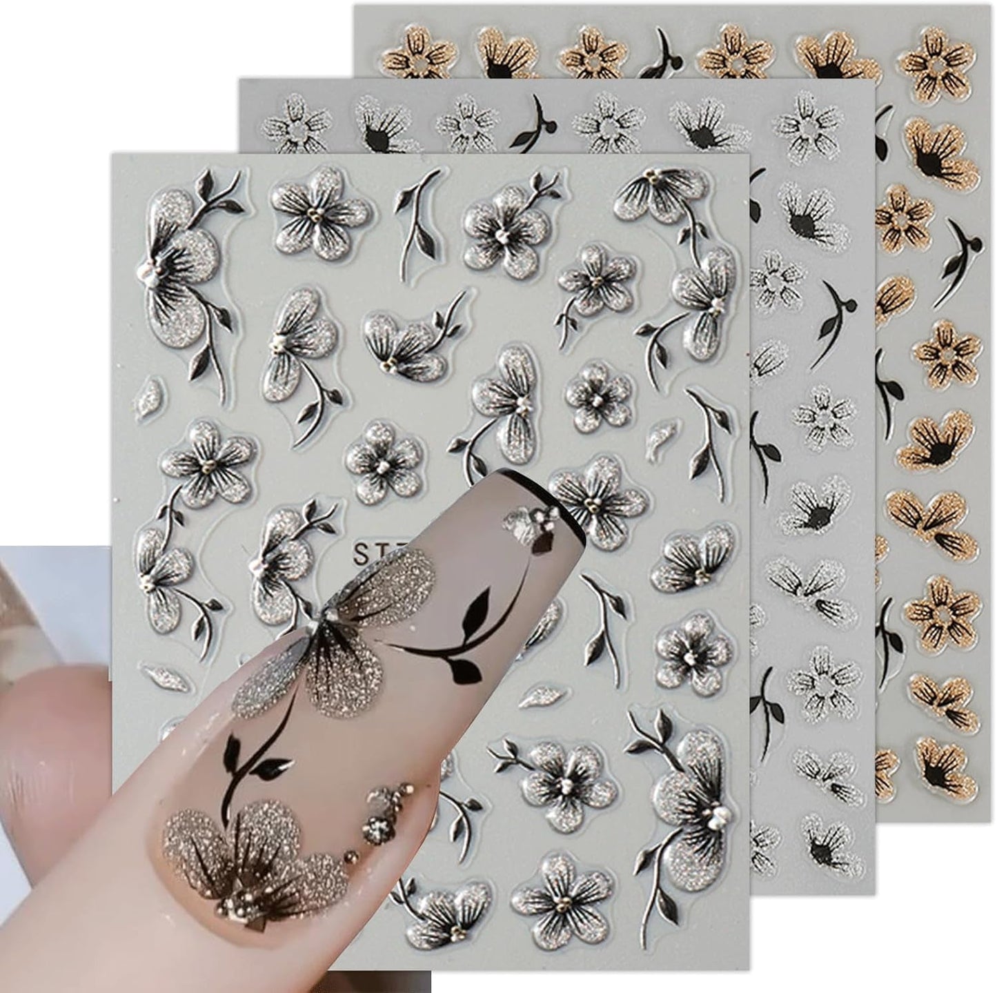 JMEOWIO 6 Blatt 3D Nagelsticker Blumen Nail Art Sticker Selbstklebend Nagelaufkleber 5D Stereoskopisk Frühling Sommer Blumen Dekoration Nageldesign Zubehör