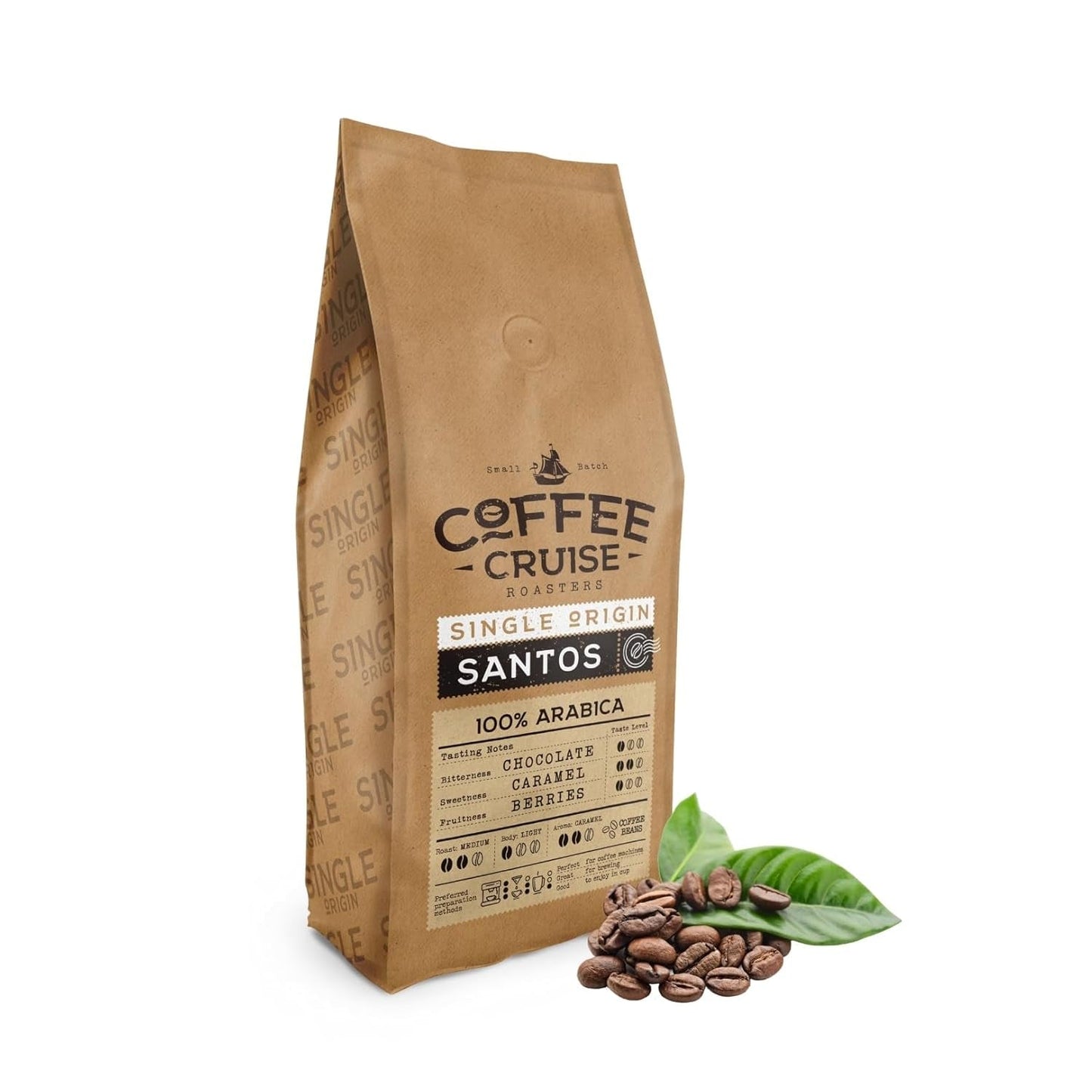 COFFEE CRUISE Santos Kaffeebohnen 1kg - Mittlere Röstung - Aroma Caramel - Für All Kaffeemaschinen - 100% arabisk
