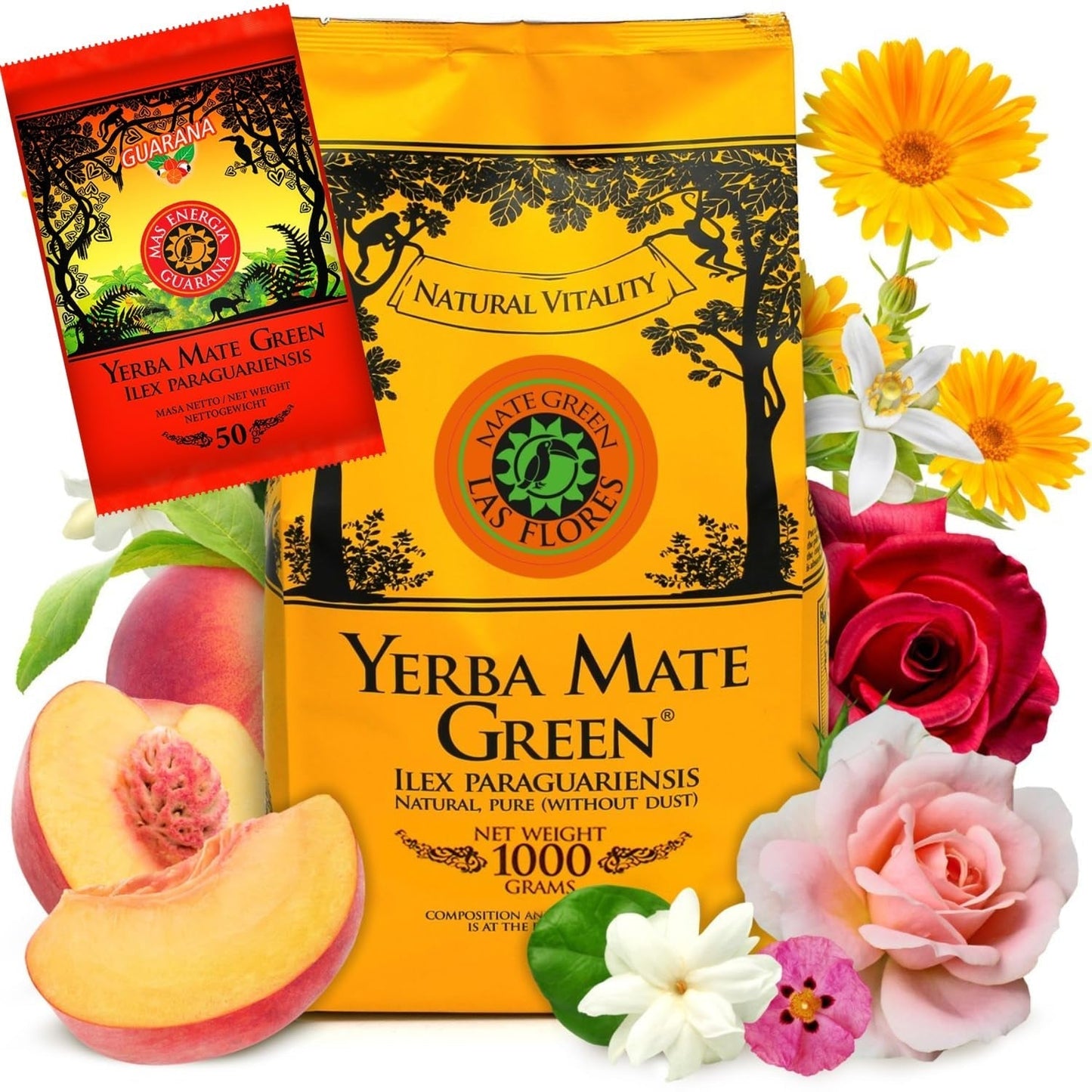 Yerba LAS FLORES 1 kg ● Yerba Mate te med brasilianske ferskner ● Jasmin ● Mate te fra mateblade ● Naturlige smagsstoffer ● Yebra Mate te med guarana 50 g ● Yerba Mate te med hele blade 1050 g ● Vegansk
