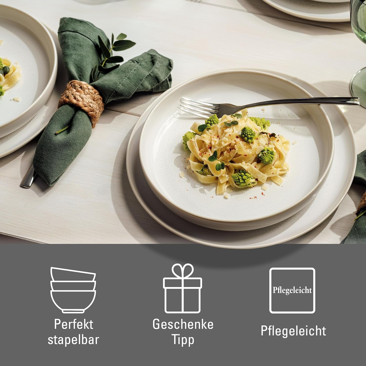 ligesom. af Villeroy & Boch – Madlavningssæt i bomuld 4 teilig Weiß, Spülmaschinenfest, Mikrowellensicher, Geschirrset, Tafelservice Modern, Speiseteller, Tiefe Teller, Pottery-Look, Premium Porzellan