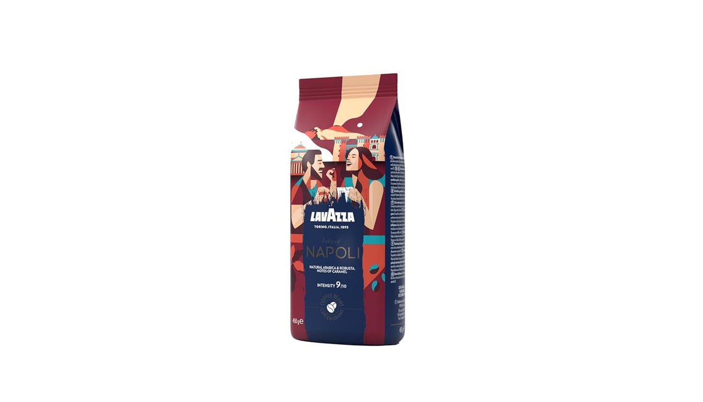 Lavazza, Tales of Napoli, kaffebønner, ideel til espressomaskiner, med aromatiske noter af kakao og karamel, Arabica og Robusta, intensitet 9/10, intens ristning, 450 g