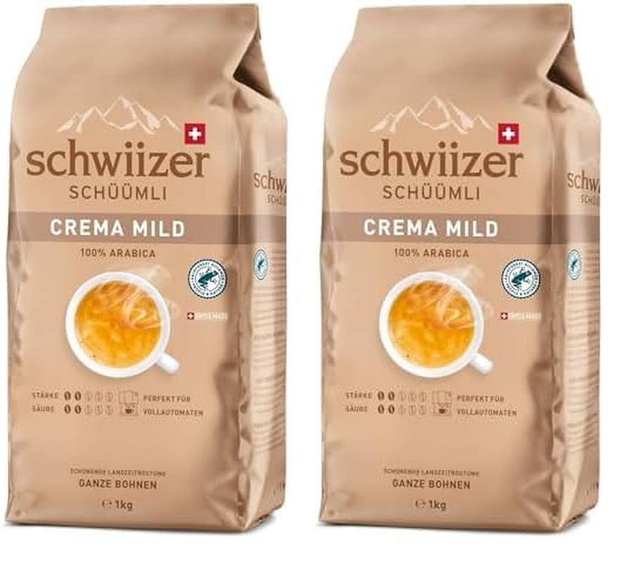 Schwiizer Schüümli Crema Mild, 100 % Premium Arabica-kaffebønner, frugtagtig og nøddeagtig, til fuldautomatiske kaffemaskiner, 2/5 styrke, let ristet, Rainforest Alliance-certificeret, 1 kg (pakke med 2)