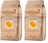Schwiizer Schüümli Crema Mild, 100 % Premium Arabica-kaffebønner, frugtagtig og nøddeagtig, til fuldautomatiske kaffemaskiner, 2/5 styrke, let ristet, Rainforest Alliance-certificeret, 1 kg (pakke med 2)