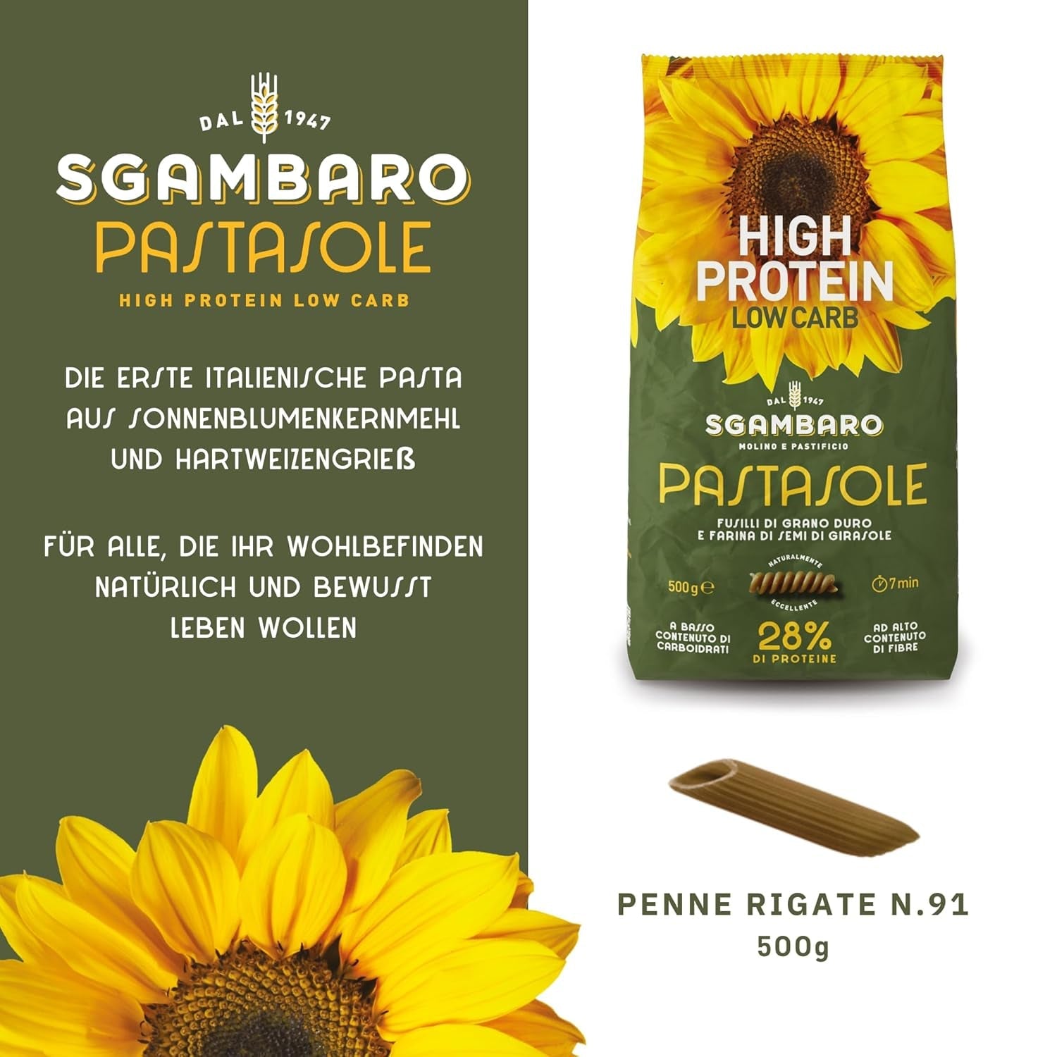 PASTASOLE , Penne Rigate mit Hartweizengrieß aus 100% italienischem Anbau und Sonnenblumenkernmehl - 500g - High Protein, Low Carb, Hoher Ballaststoffgehalt