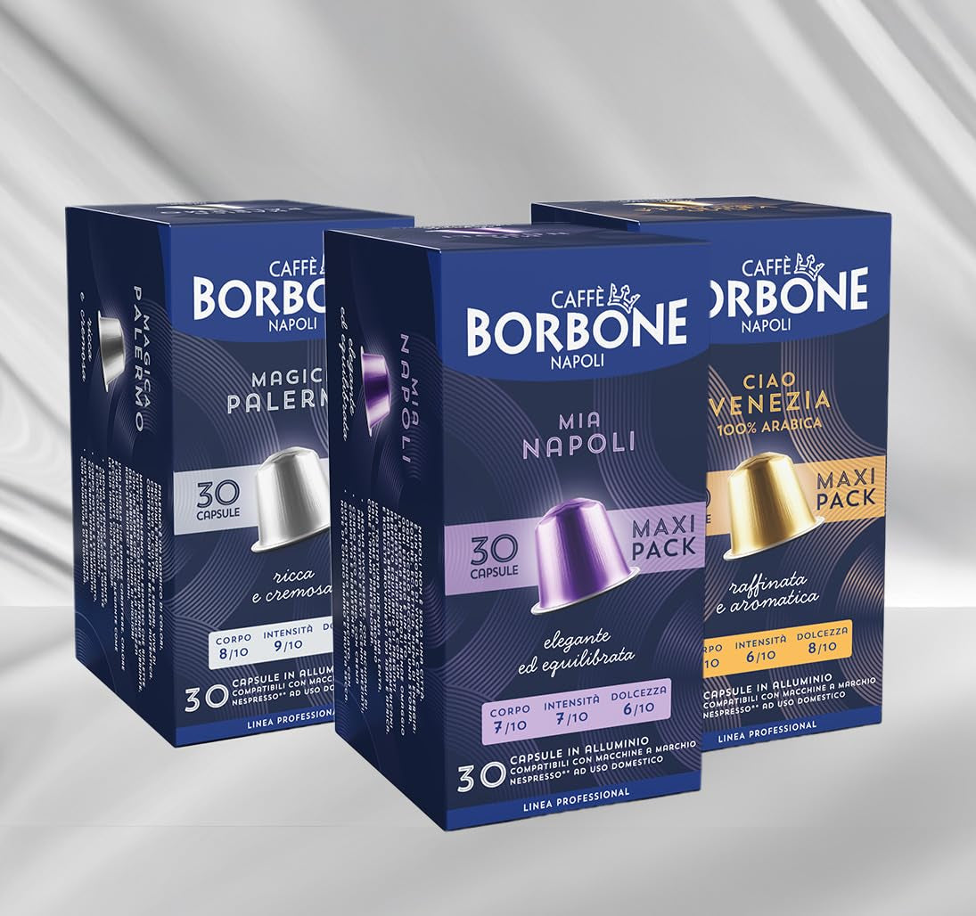 Caffè Borbone Verkostung Kit, 90 aluminiumskapsler: 30 Mia Napoli, 30 Ciao Venezia, 30 Magica Palermo, (3 x 30 Stück) – Kompatibel med Kaffeemaschinen für den Hausgebrauch af Nespresso®-mærket*