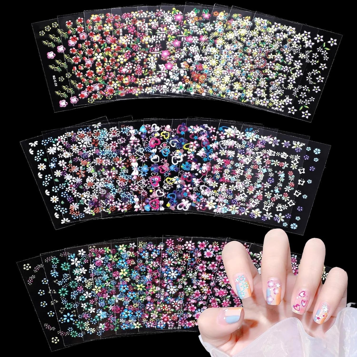 3D Nagelsticker 30 Blatt Nagelsticker Selbstklebend Blumen Blumenherzform Nageldesign Nagelsticker Nageldesign Tilbehør Nagelaufkleber Für DIY Dekoration, Maniküre, Handyhüllen
