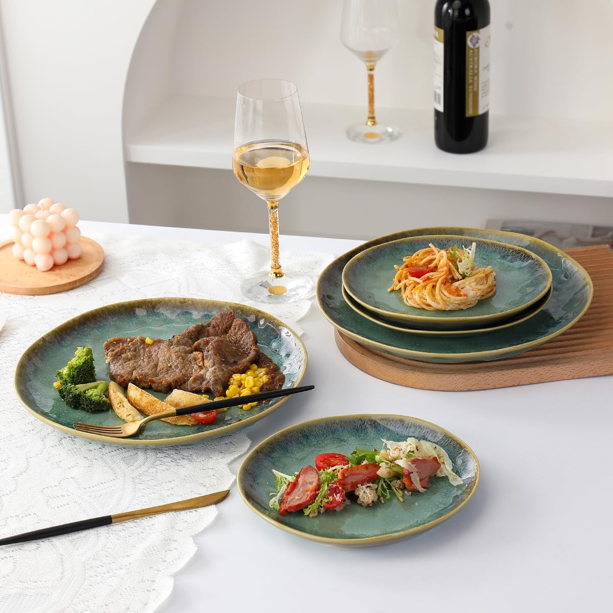Henten Home Specialtallerkener i stentøj, snack- og sauceskåle - 20x17cm til 4 personer, morgenmadstallerkener i porcelæn - moderne grønt design