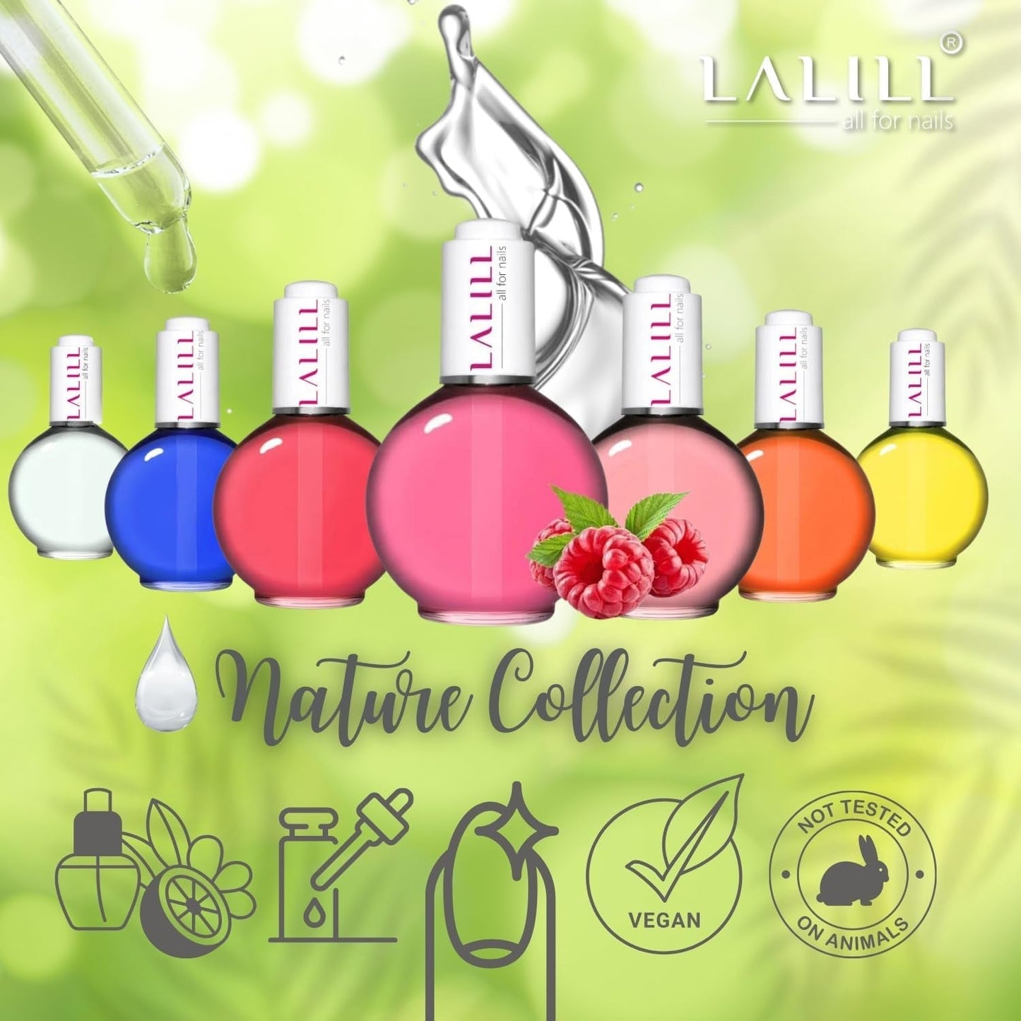 LALILL Nail Cuticle Oil 75Ml - Himbeere Nagelpflegeöl - Nagelöl Pflege Für Nägel Nagelhaut - SPA Maniküre Naildesign Hände - Vegansk - With Pipette