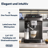 De'Longhi Magnifica Evo Next - Perfetto fuldautomatisk espressor med LatteCrema mælkeskummer, 13 One-Touch-drikke, kaffe- og cappuccinomaskine, farveberøringsskærm, Titanium (ECAM312.80.TB)