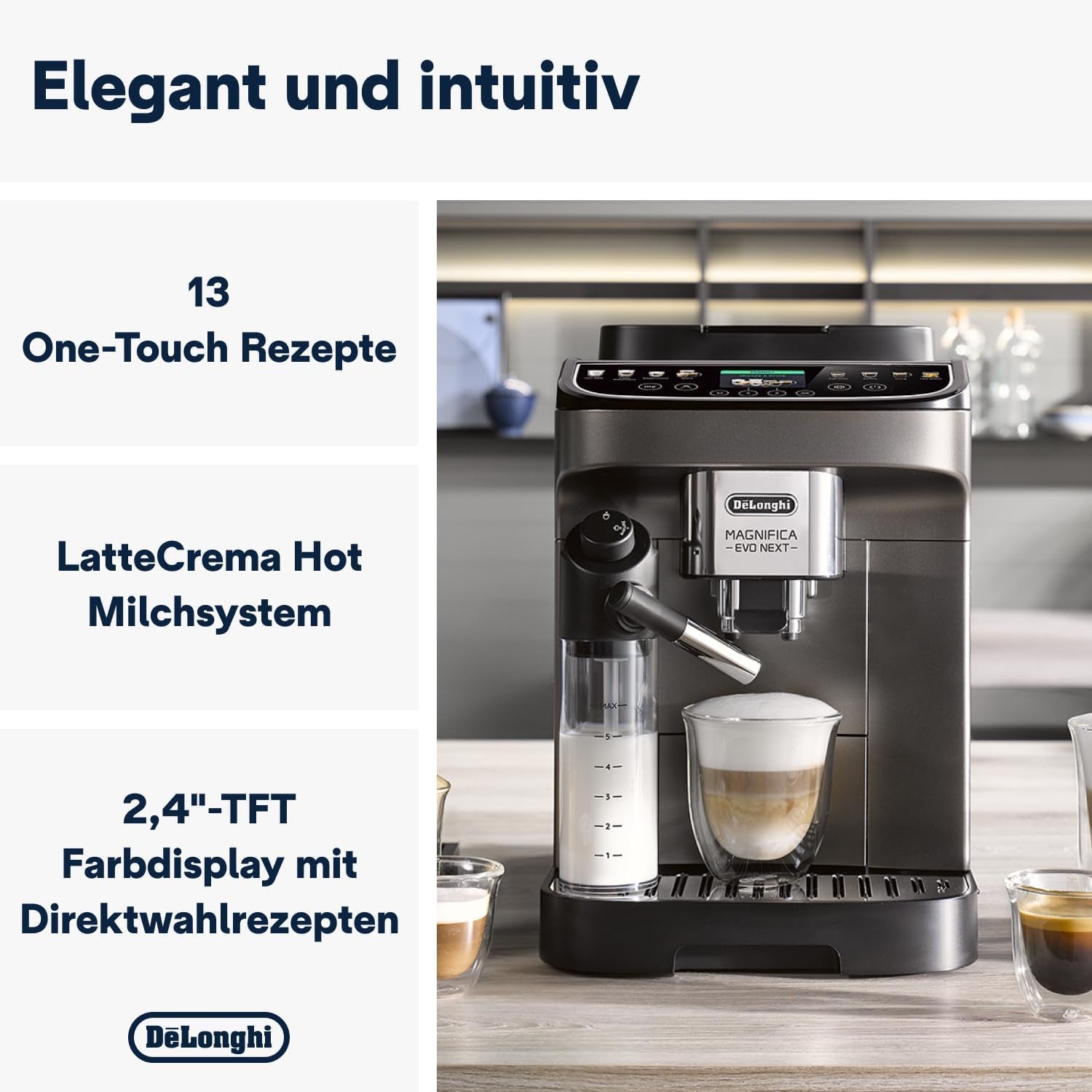 De'Longhi Magnifica Evo Next - Perfetto fuldautomatisk espressor med LatteCrema mælkeskummer, 13 One-Touch-drikke, kaffe- og cappuccinomaskine, farveberøringsskærm, Titanium (ECAM312.80.TB)