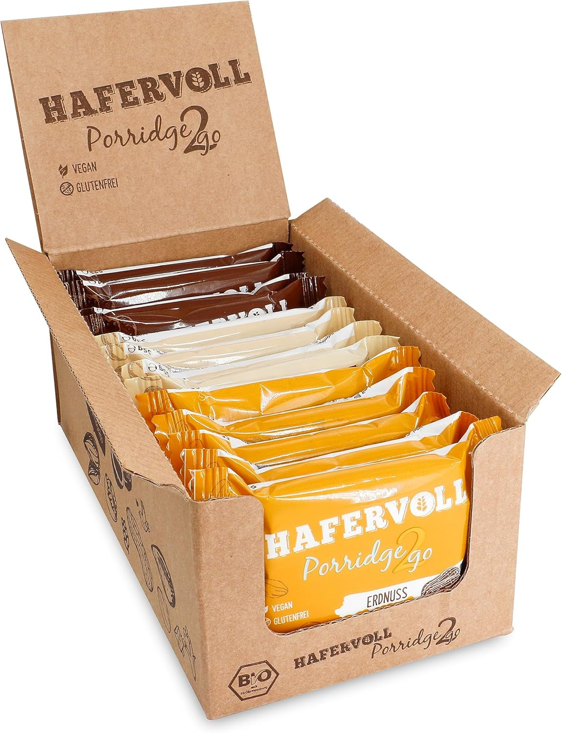 Hafervoll Porridge2go jordnøddesmør og nødder, 13 barer x 55 g - vegansk, økologisk, glutenfri, uden tilsat sukker snack, med havre, dadler og quinoaslik