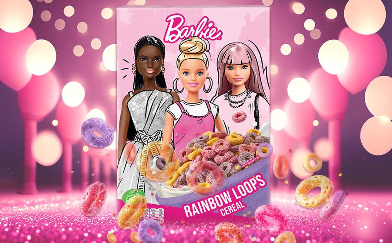 Barbie Rainbow Loops korn, farverige ringe af hvede, havre og majs med frugtsmag til den perfekte morgenmad, 1 pakke (1 x 350 g)