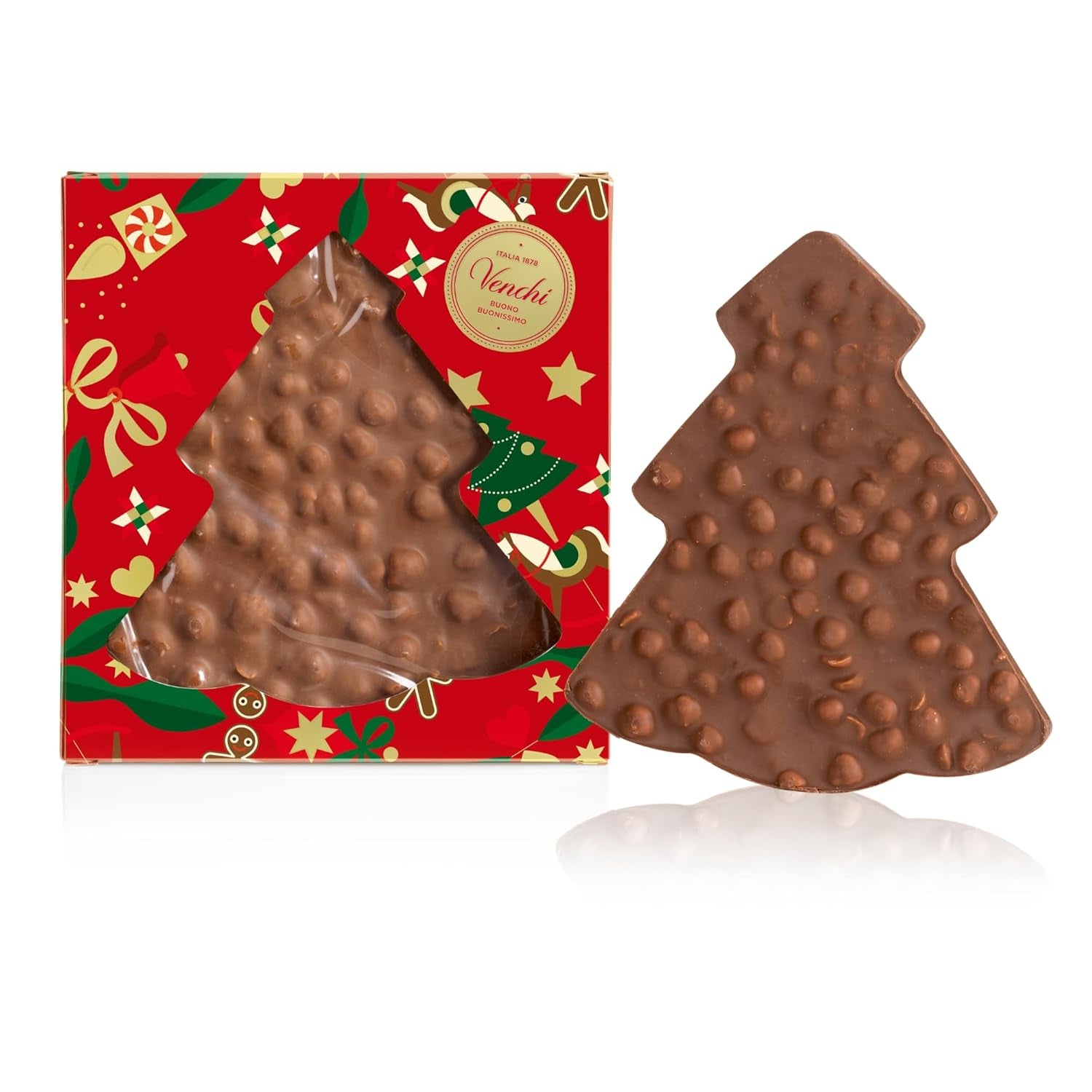 Venchi, Brutto&Buono, håndlavet "Piedmont Forest Hazelnut" grantræformet mælkechokoladebar, 200 g, glutenfri, julekollektion i begrænset udgave, gaveidé