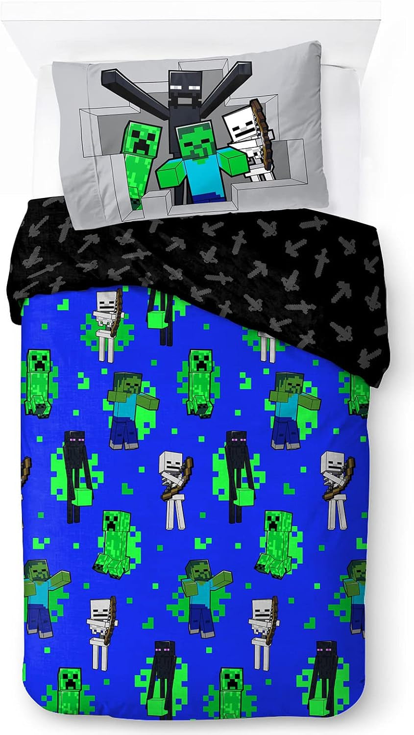 Sengetøj til børn, Disney-figurer, 100% bomuld Sengetøj - børn Naty Shop Blue - Minecraft 135X200/50X70 (2 stk.)
