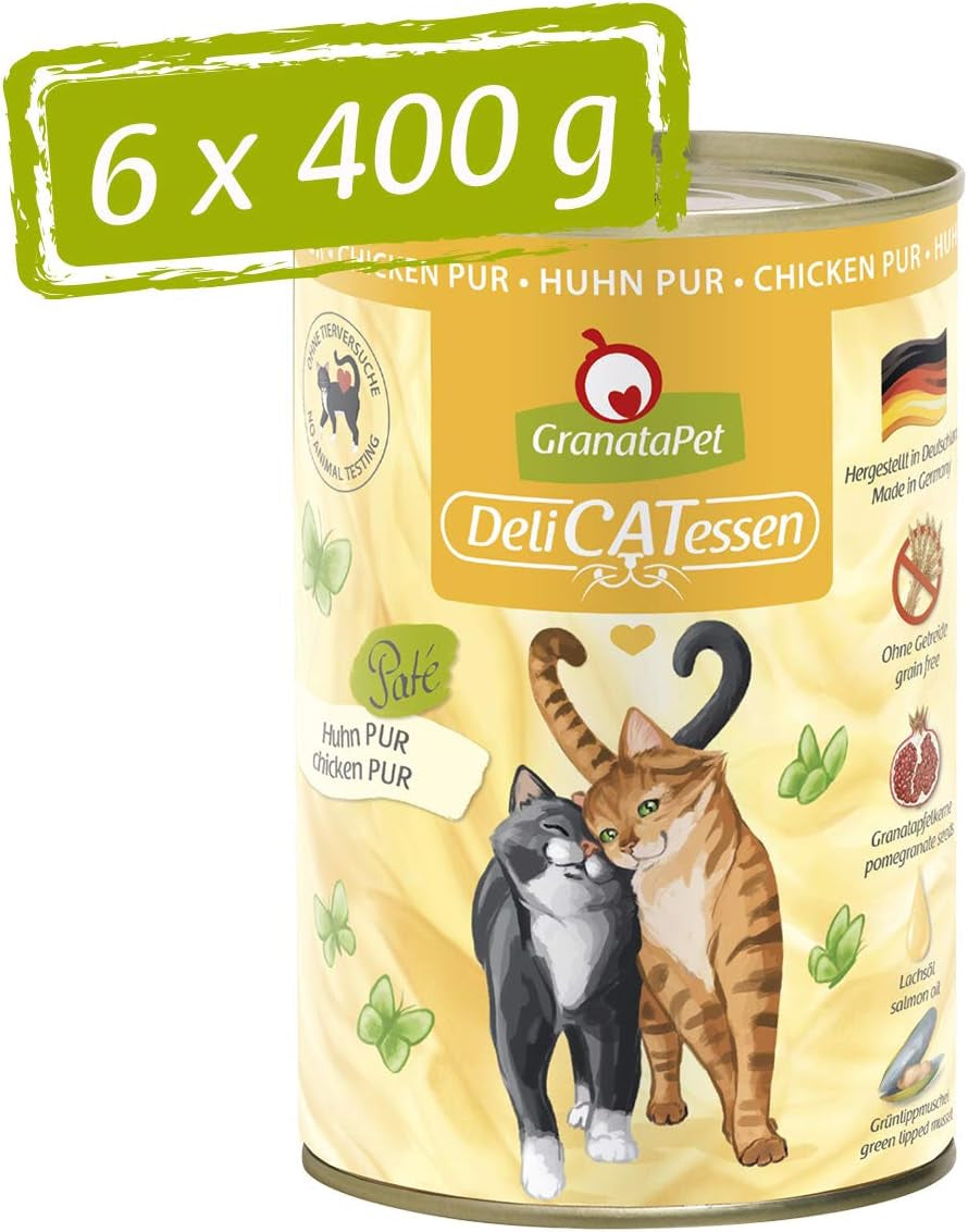 GranataPet DeliCatessen Chicken PUR, Nassfutter für Katzen, Futter ohne Getreide & ohne Zuckerzusätze, Katzenfutter mit hohem Fleischanteil & olier af høj kvalitet, 6 x 400 g
