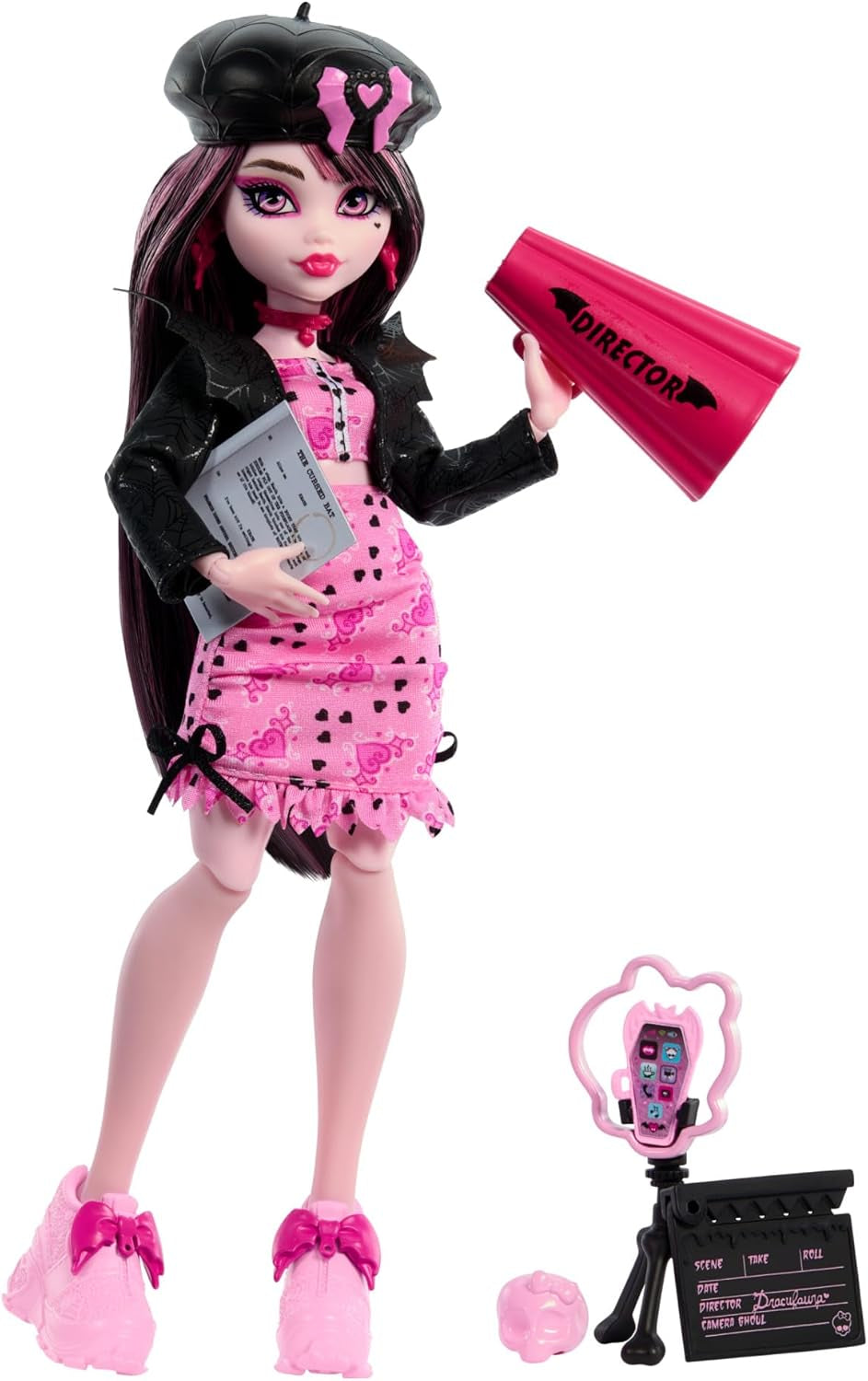 Monster High Draculaura dukke med sit kæledyr Count Fabulous flagermus kat og tilbehør såsom rygsæk, trylleformular bog, bento box og mere, HRP64 Naty Shop Dolls Movie Club Theme