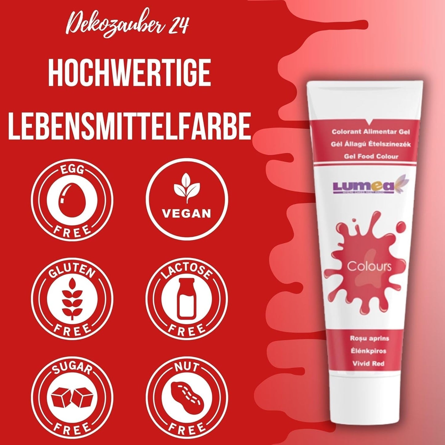 Dekozauber 24 rød madfarve, gel, 30 g, vegansk, sukkerfri, højkoncentreret, rød madfarve til fondant, smørcreme, drikkevarer og mere