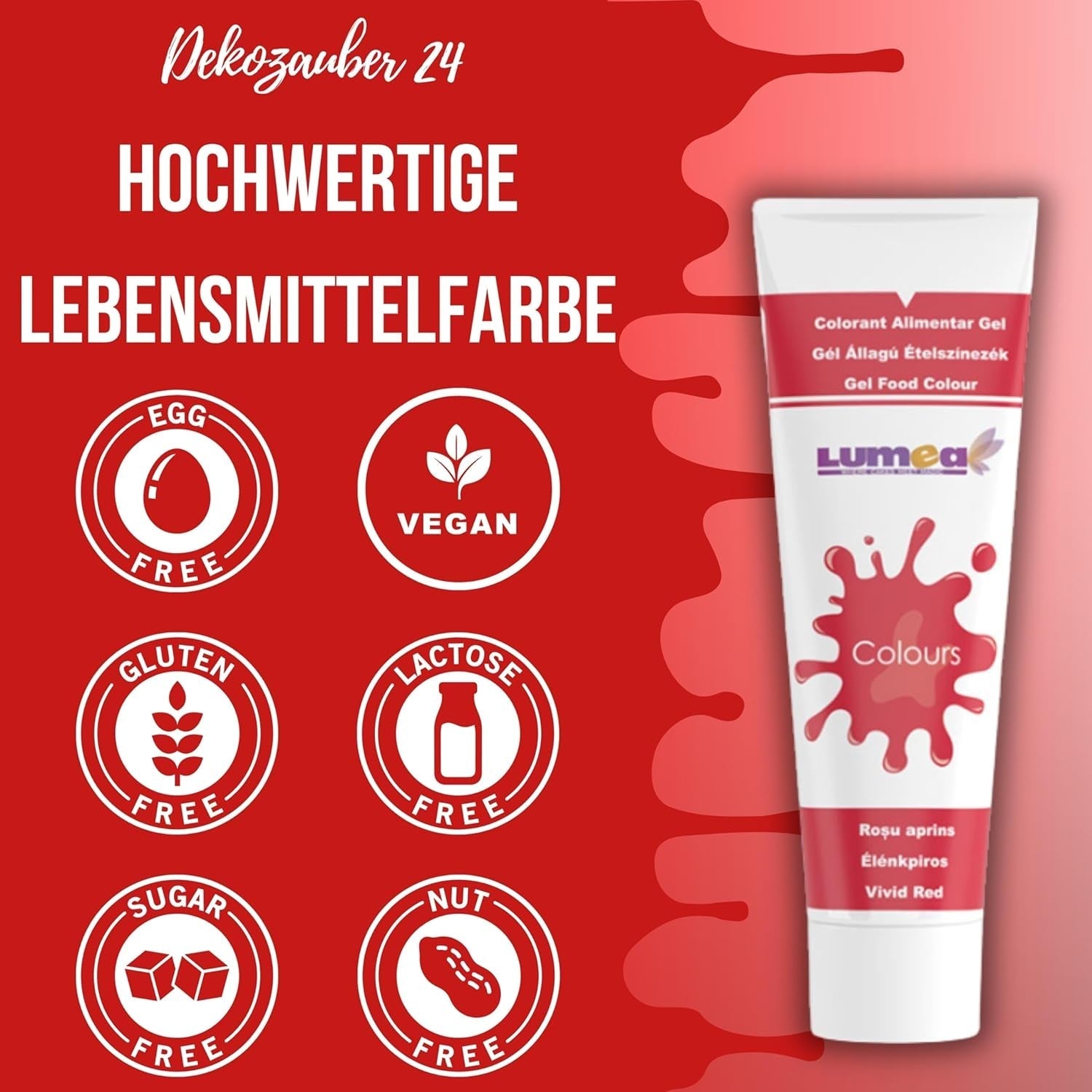 Dekozauber 24 rød madfarve, gel, 30 g, vegansk, sukkerfri, højkoncentreret, rød madfarve til fondant, smørcreme, drikkevarer og mere