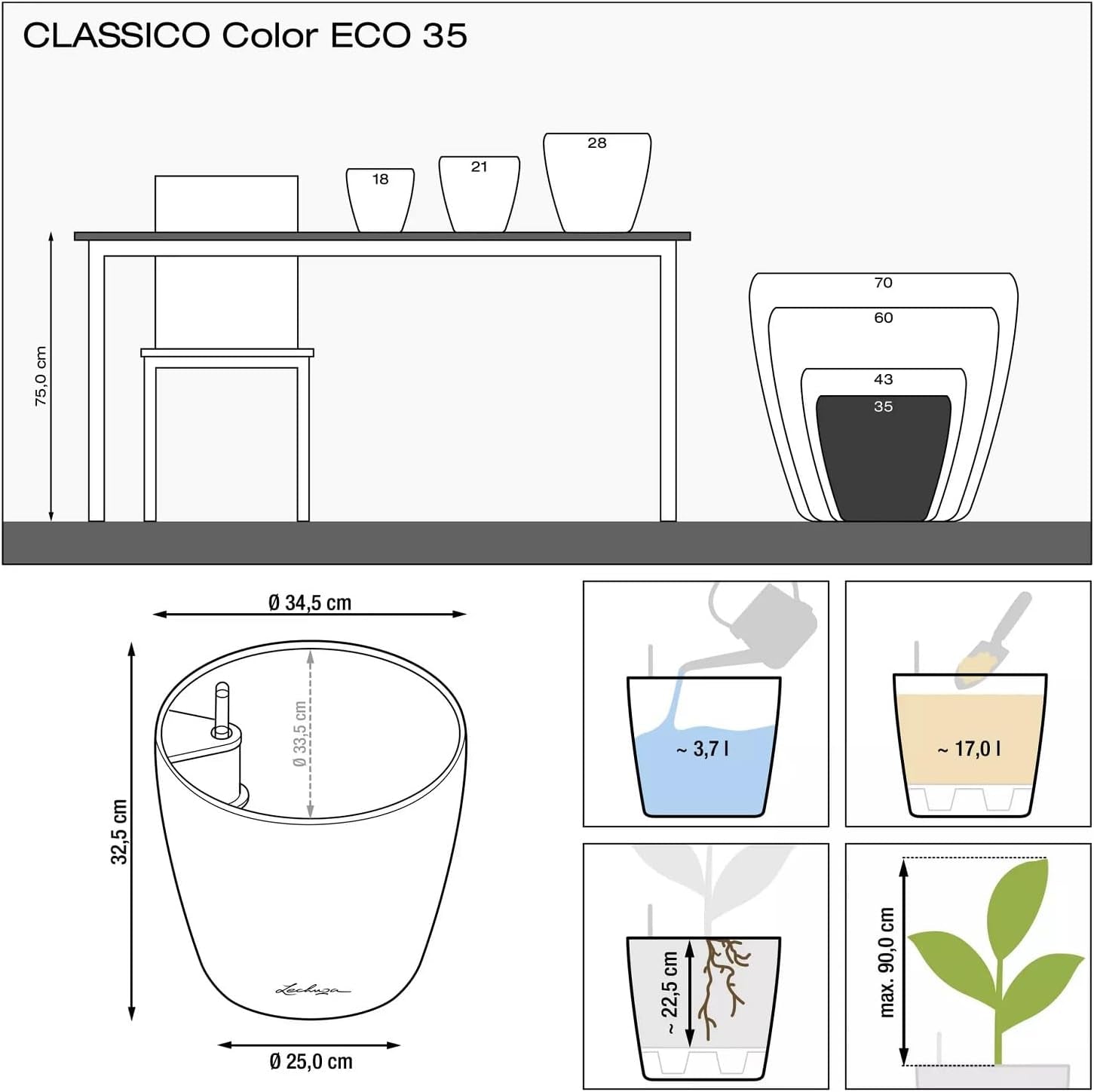 LECHUZA Classico Color ECO 35 lysegrå urtepotte med vandingssystem og vandstandsindikator | Fremstillet af 100 % genbrugsplast | Mat finish | Ø 34,5 x 32,5 cm | 18930