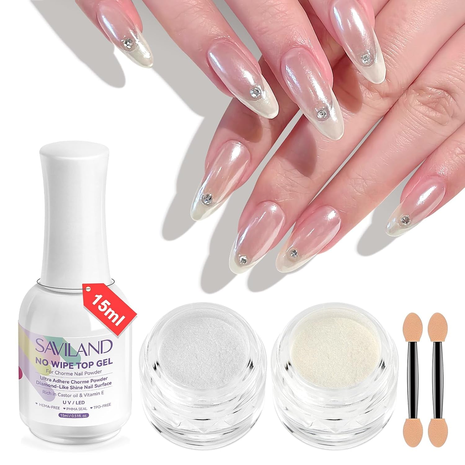 Saviland krom neglepulversæt - Pink Laser krom neglepulver spejleffekt Laser neglekunst, negleglimmer manicure dekorativt pulver med svampestænger, negleglitterpulver neglesalon