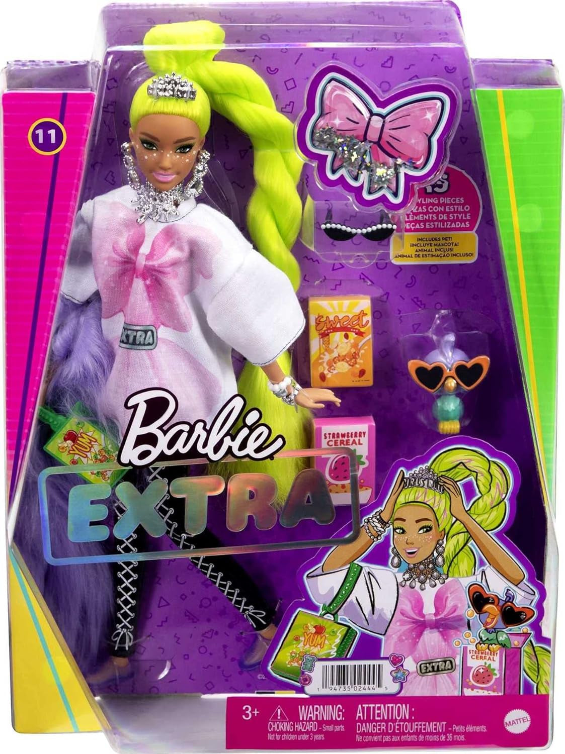 Barbie HDJ44 - Ekstra Puppe #11 i overgroßem T-shirt & Leggings med Haustier Papagei, ekstra lange neongrünes Haar & Tilbehør, Flexible Gelenke, Spielzeug Geschenk for Kinder ab 3 Jahren