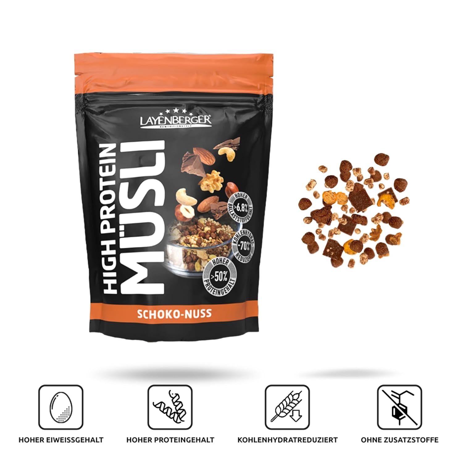 Layenberger 3K højproteinmüsli, 50% Eiweiß og 18% Kohlenhydrat - Enkeltpakke (1X 390 G) - Schoko-Nuss Cereale Naty Shop