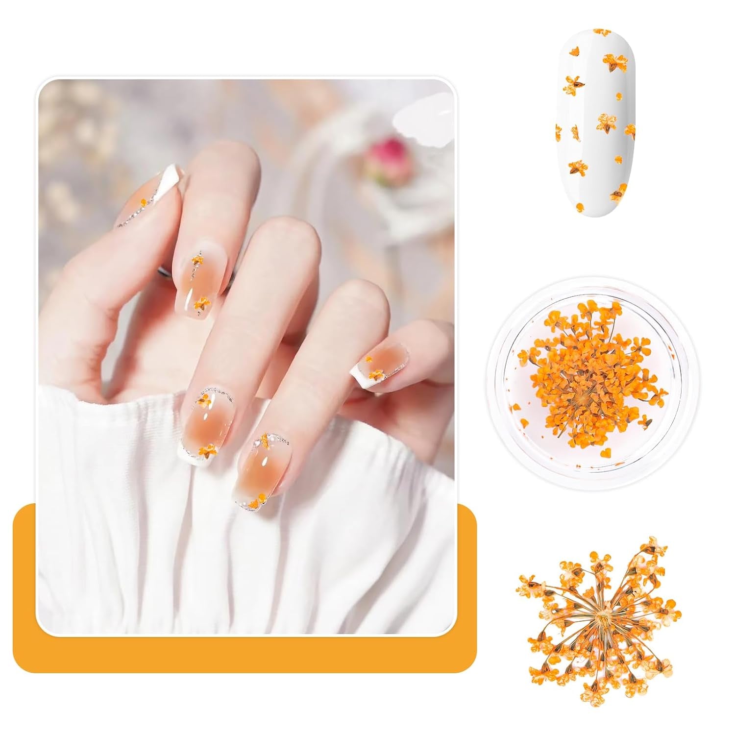 Nail Art Flowers Set Decoration - Gelnägel Zubehör 3 Farben(Orange,Blassrosa,Rose),Nail Art Aufkleber Trockene Blumen Kit Getrocknete Blumen Zubehör Sæt DIY Nageldekoration