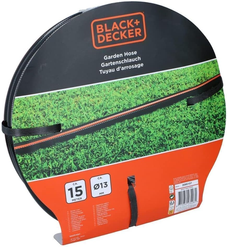 BLACK+DECKER Haveslange 15 meter - Ø13MM - Holdbar PVC - Vanding af haven, vask af bilen, fylde poolen - Kompatibel med enhver standard vandhane - Sort/Orange