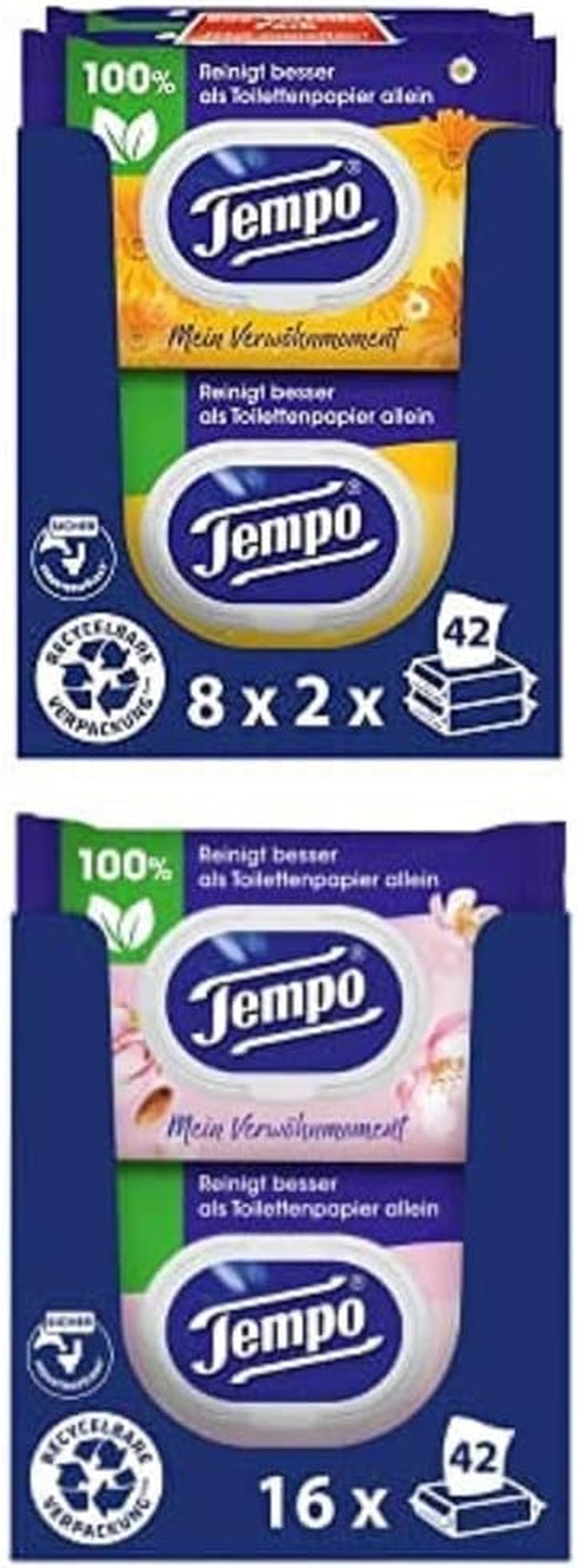 Pakke med Tempo Moist My Pampering Moment Calendula Toiletservietter (16 styk) og Tempo Moist Toilet Wipes Mandelmælk & Panthenol (16 styk)