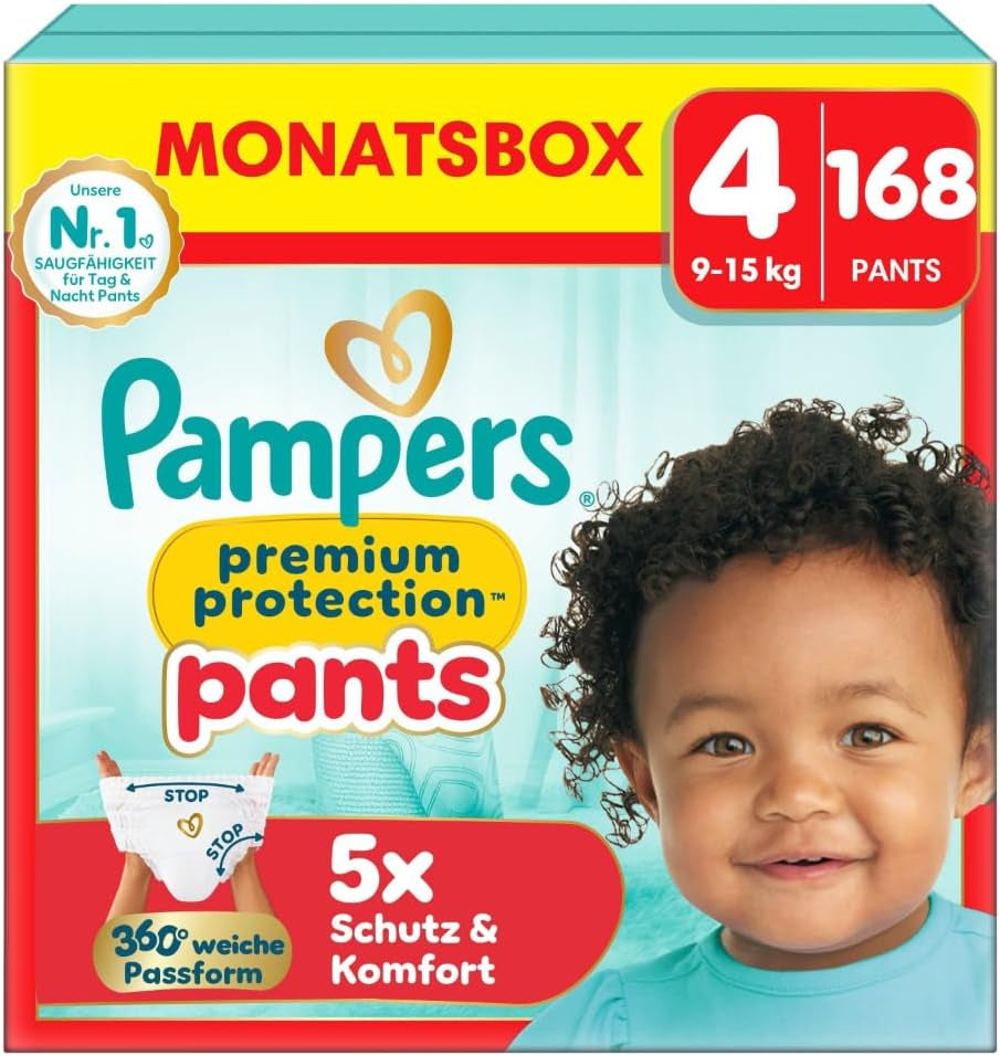 Pampers Premium Protection Pants str. 5, 144 bleer, 11 kg - 17 kg, med 360° justering og bløde anti-lækage manchetter for optimal komfort og beskyttelse