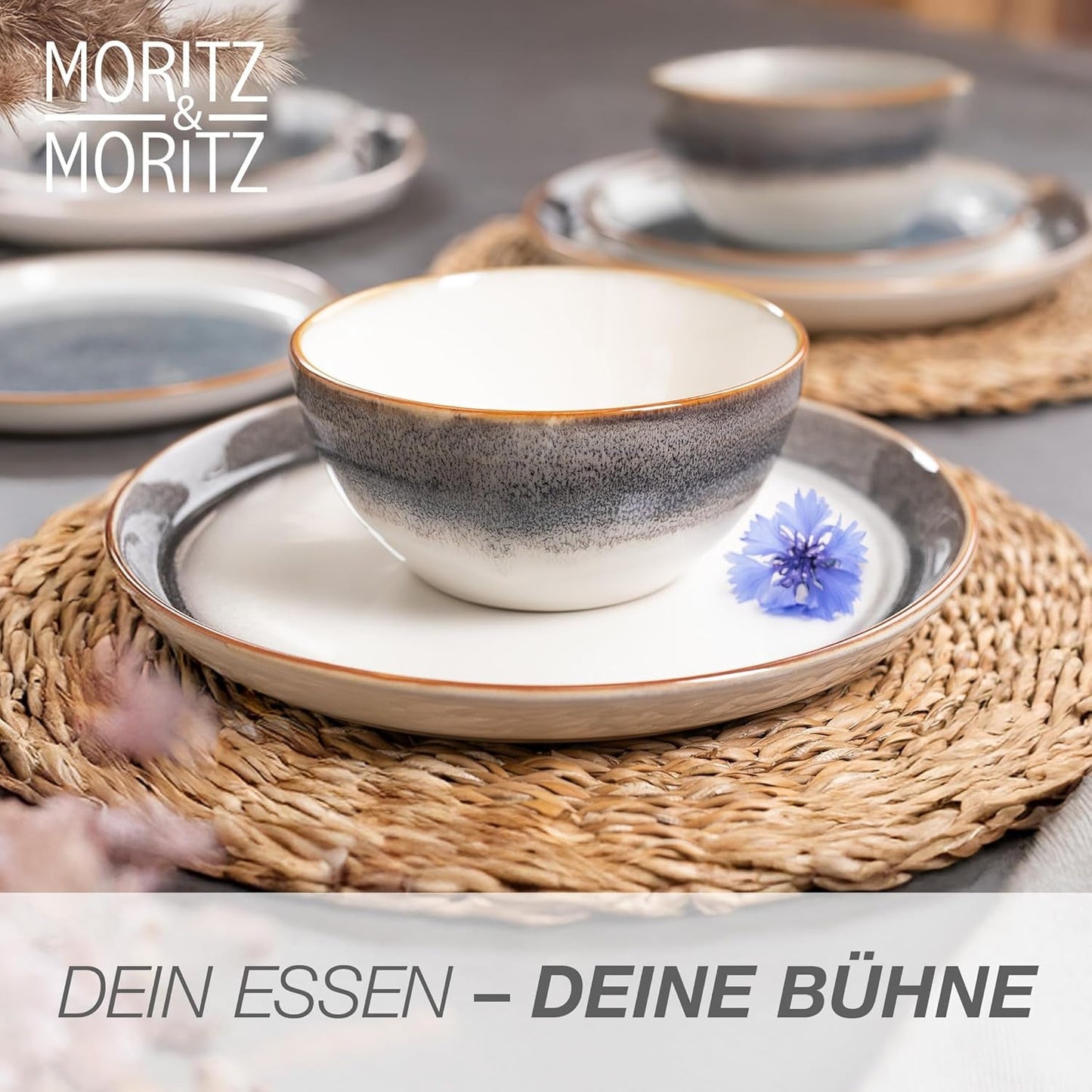 Moritz & Moritz TARENTO 24-delt servisesæt til 6, grå - Elegant højkvalitetstallerkensæt i stentøj - Spisestellet indeholder 6 middagstallerkener, 6 desserttallerkener, 6 middagstallerkener og 6 kopper