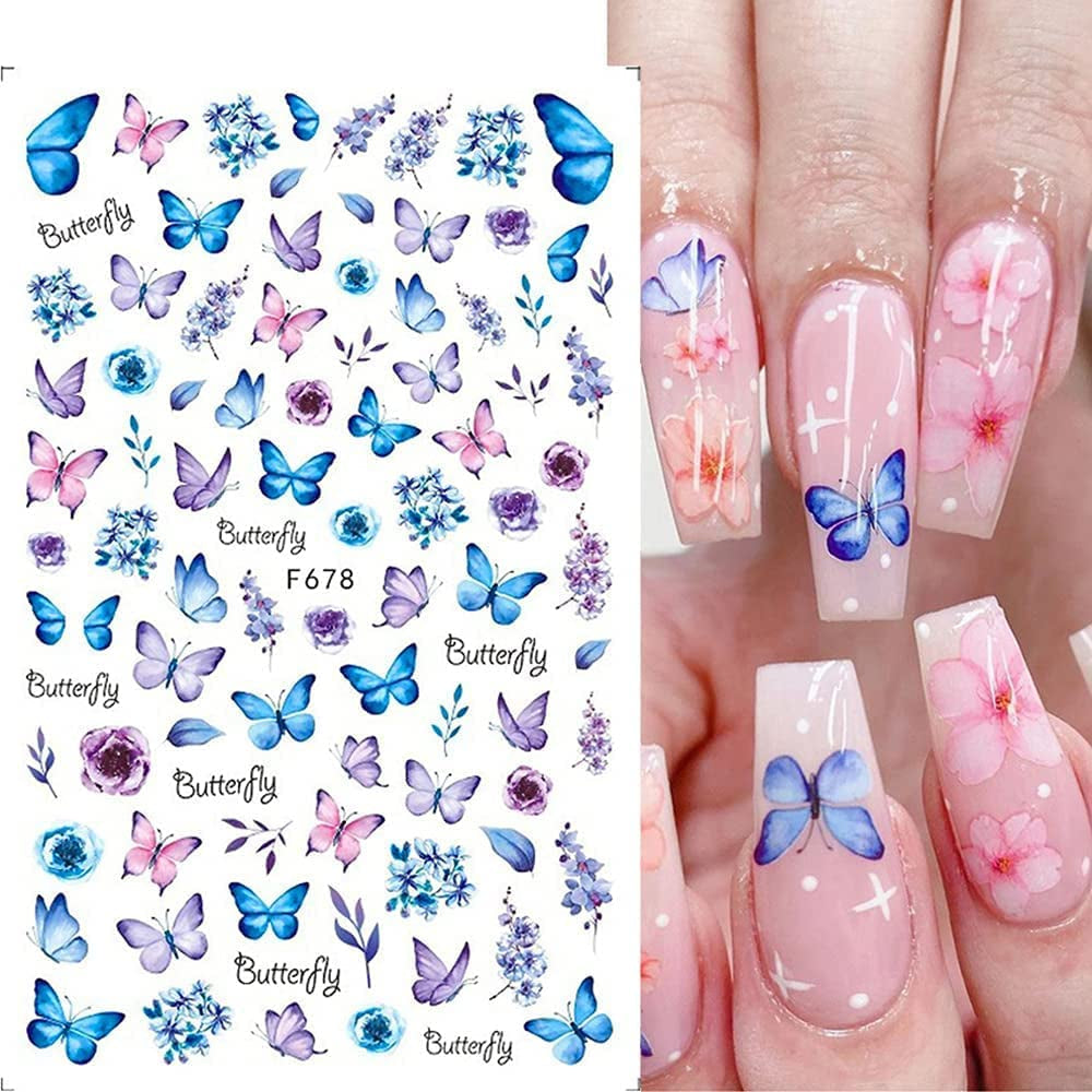 JMEOWIO Nagelsticker Schmetterling 8 Blätter Nagelaufkleber Selbstklebend Blau Schwarz Gold Schmetterling Nail Art Dekoration Nagel Design Tilbehør