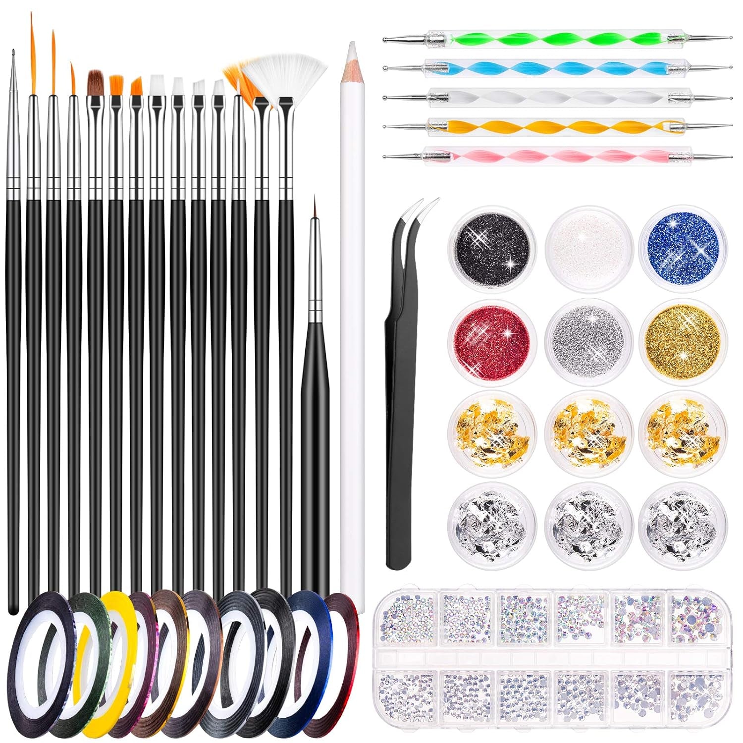 MELLIEX 45 Stück Nail Art Dekoration Zubehör Sæt, Nägel Pinsel Strasssteine ​​Glitzer Goldfolie Nageldesign Dotted Pen Streifenband Für Nagelkunst Maniküre Set