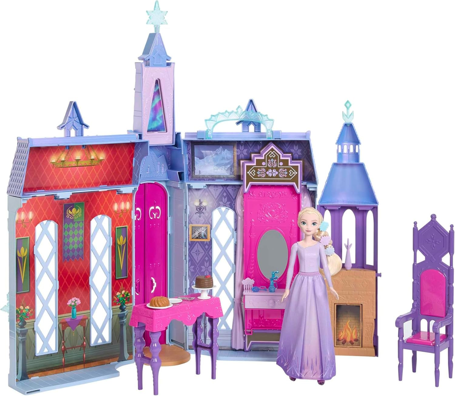 Mattel Disney Frozen - Castle Arendelle Dukkehus (60 cm+) med Elsa Doll, 4 legepladser og 15 stykker Disney Frozen II møbler og tilbehør, HLW61