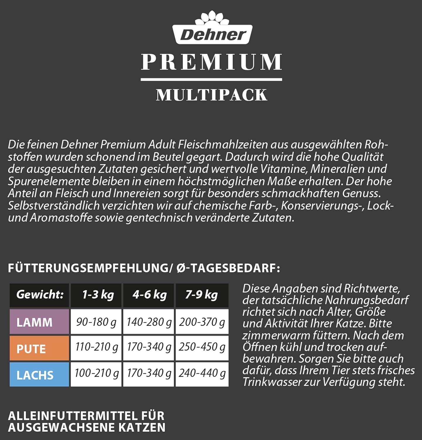 Dehner Premium våd kattefoder, multipakke, voksne katte, 4 stykker hver: lam / kalkun / laks, 12 poser x 100 g (1,2 kg)