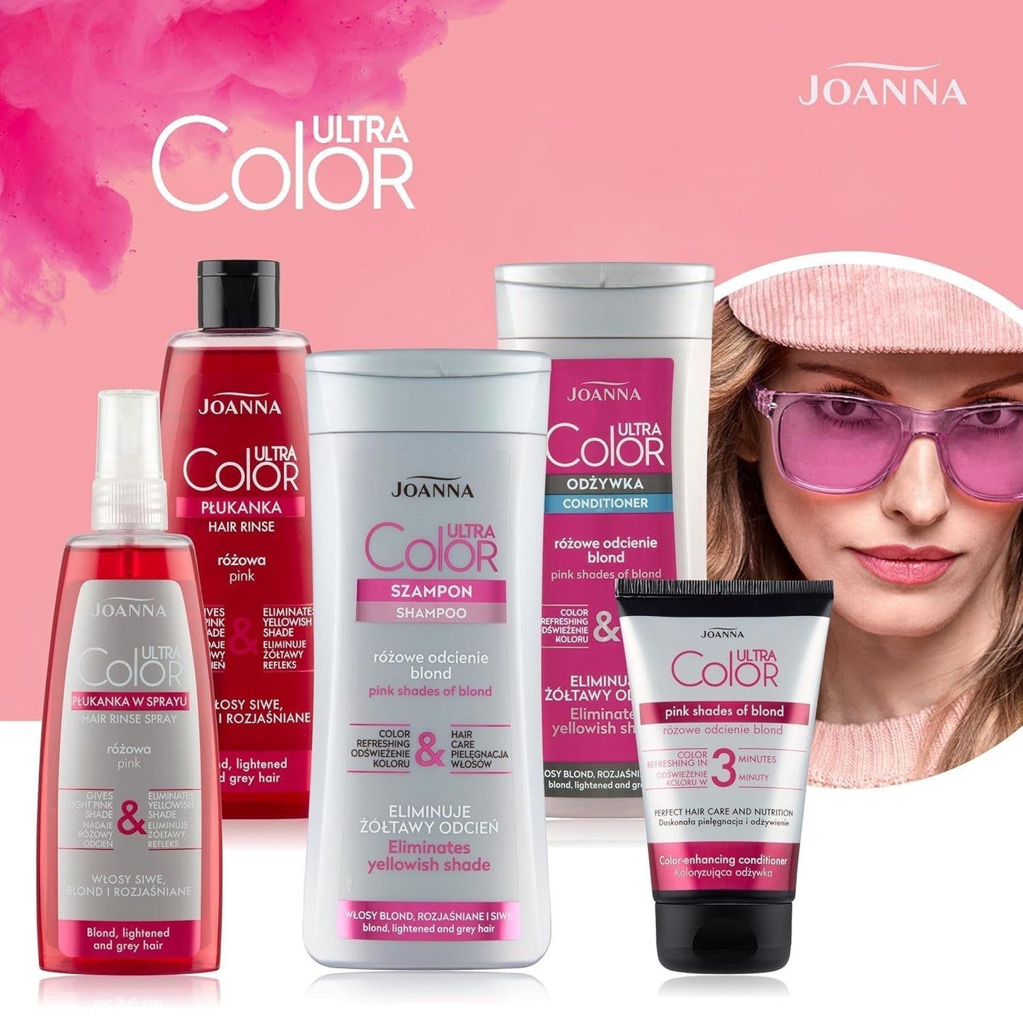 Joanna Ultra Color - Pink farvebalsam til blondt og lyst hår - Pastelrosa - Naturlig glans - Fjerner den gule nuance fra gråblondt hår - Midlertidig effekt - 150 ml Hårfarve Naty Shop