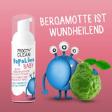 PopoLino Baby blød bundskum i stedet for våde babyservietter. Vegansk og naturligt kosmetisk renseskum! Bundskum med aloe vera, troldnød, bergamot og E-vitamin. Gør bunde og miljø glade.
