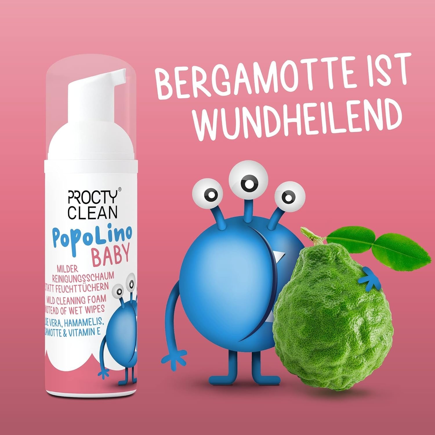 PopoLino Baby blød bundskum i stedet for våde babyservietter. Vegansk og naturligt kosmetisk renseskum! Bundskum med aloe vera, troldnød, bergamot og E-vitamin. Gør bunde og miljø glade.