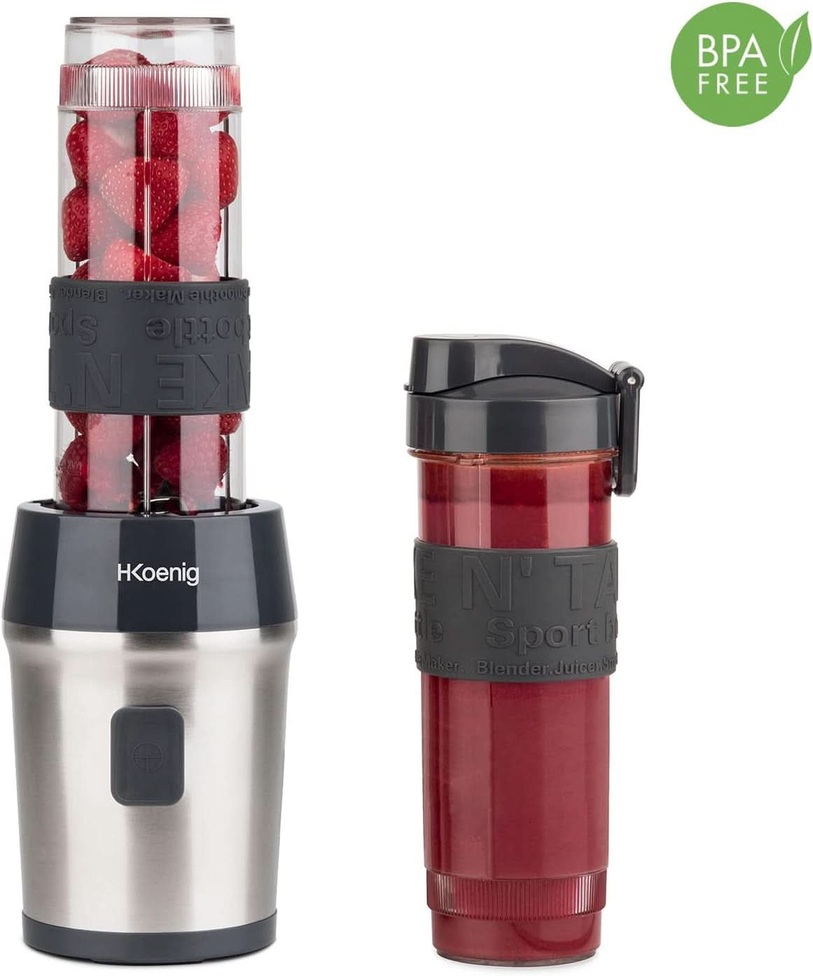 H.Koenig Smoothie Maker SMOO9 - Mini Standmixer - Mini Blender - 300 Watt - 570 Ml - Edelstahl - 2 Kunststoffflaschen - Bpa-Frei, Grau Kitchen Naty Shop