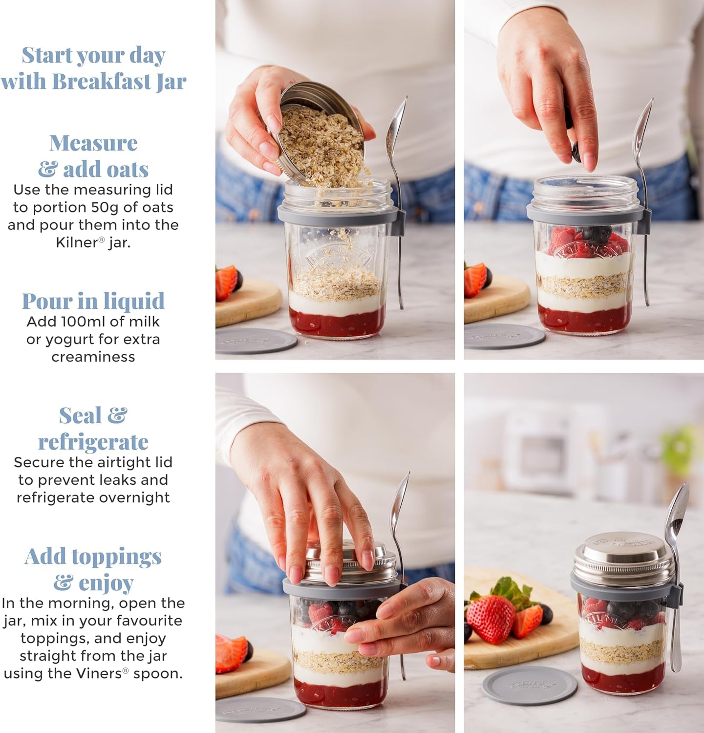Kilner morgenmadskrukke med ske / 350 ml, Ø 9,5 cm / 5 stk | takeaway müsli kop / giftfri / glasbeholder med låg til müsli, grød og yoghurt / overnight havre beholder Naty Shop Food Opbevaringsbokse